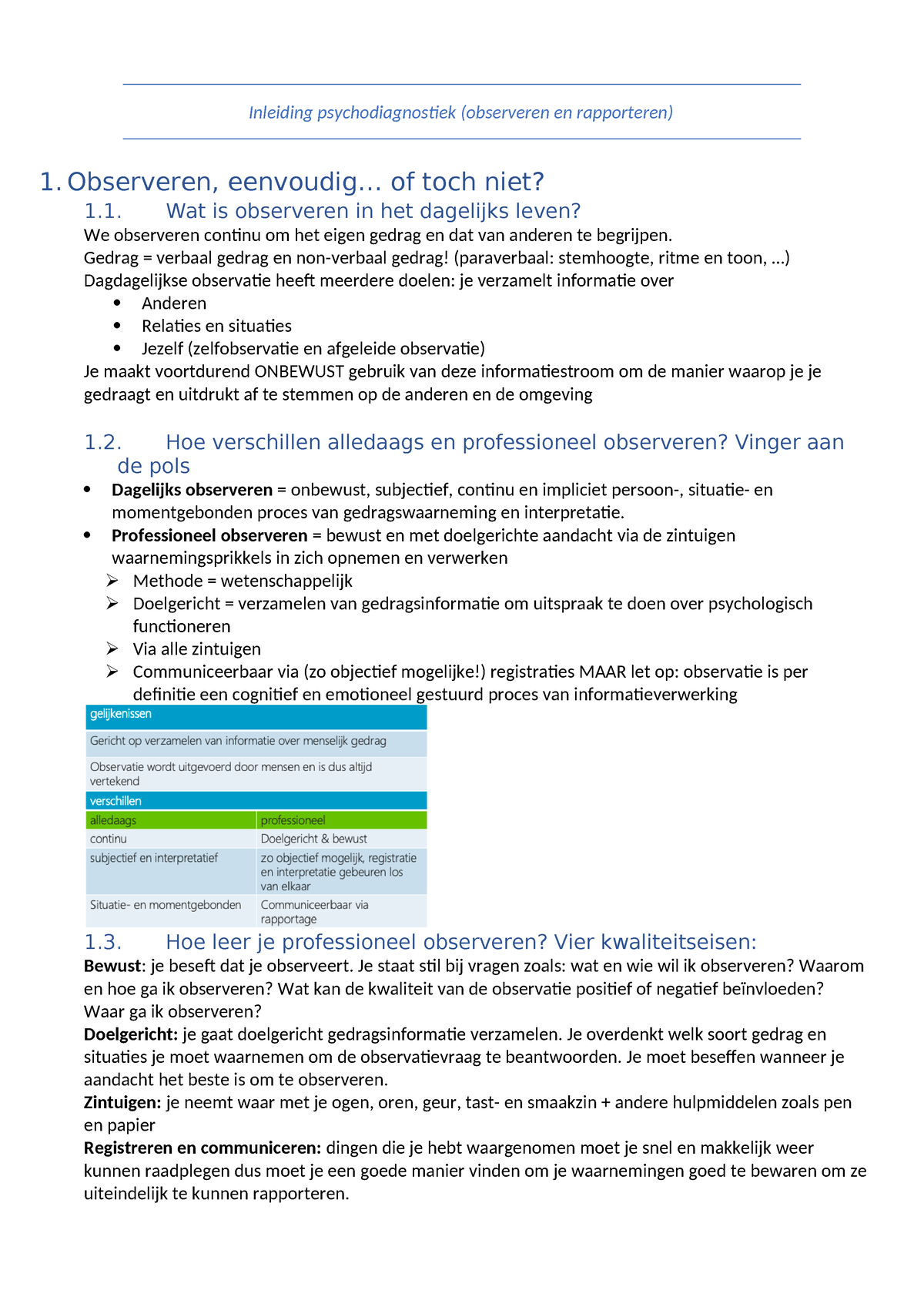 Inleiding Psychodiagnostiek Samenvatting Observeren Inleiding Psychodiagnostiek Observeren En