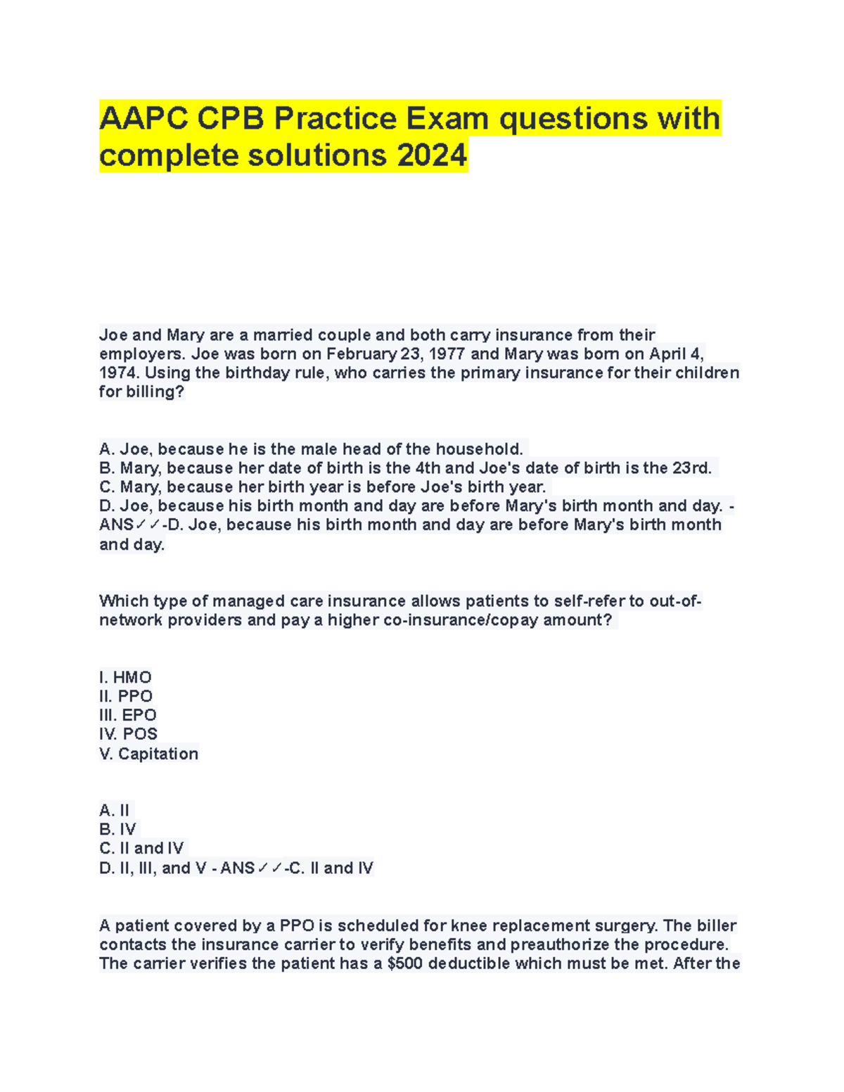 AAPC CPB Practice Exam questions with complete solutions 2024 - Joe was ...