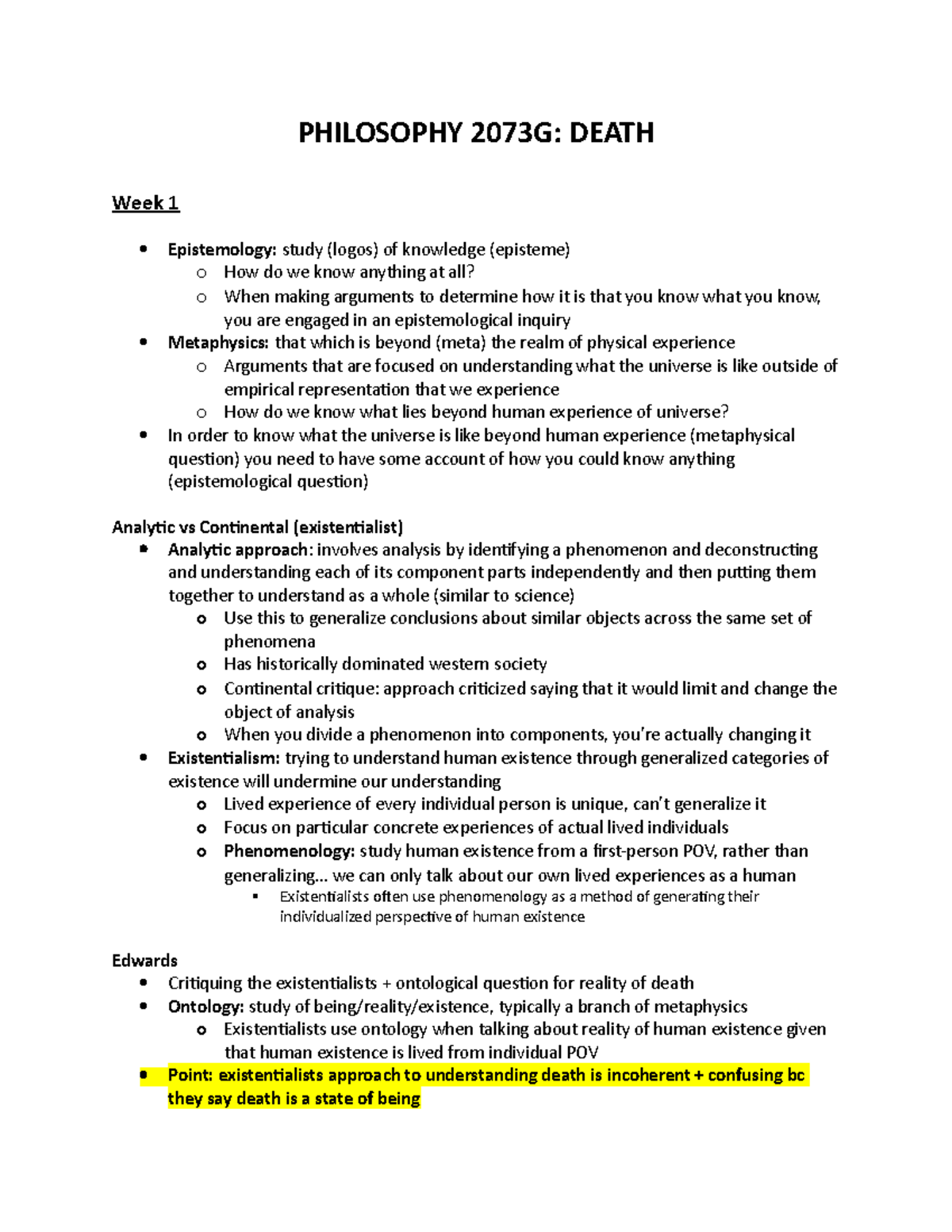 Philosophy 2073 - PHILOSOPHY 2073G: DEATH Week 1 Epistemology: study ...