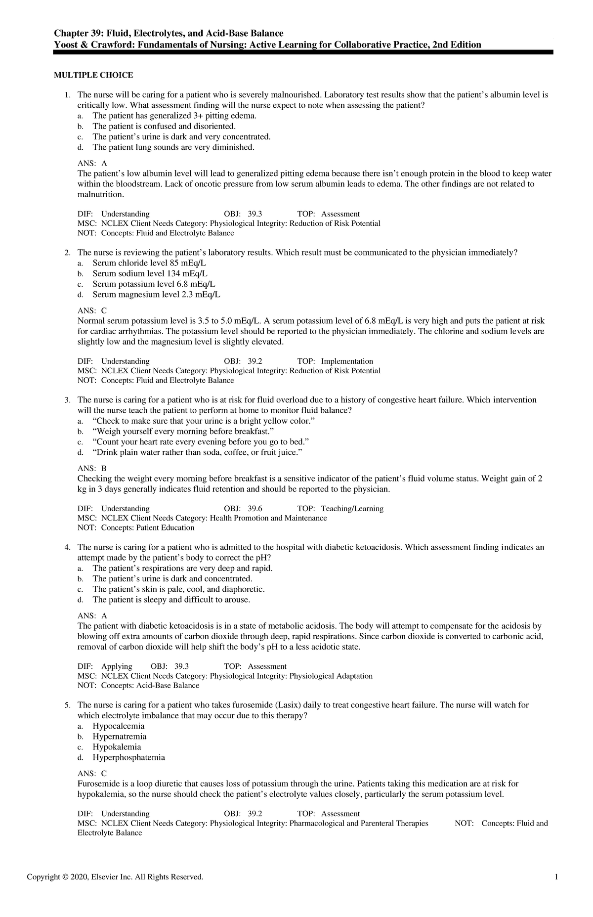 Exam View - Chapter 39 - Notes - Chapter 39: Fluid, Electrolytes, And ...