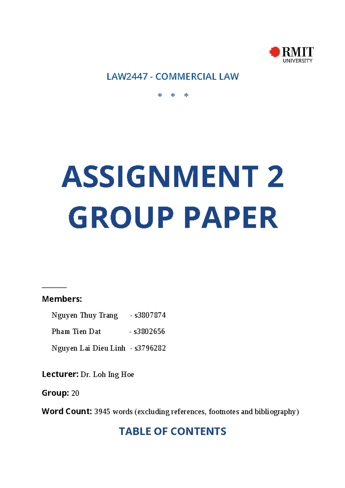 LAW2447 Assignment-2 Group 20 - LAW2447 - COMMERCIAL LAW ...