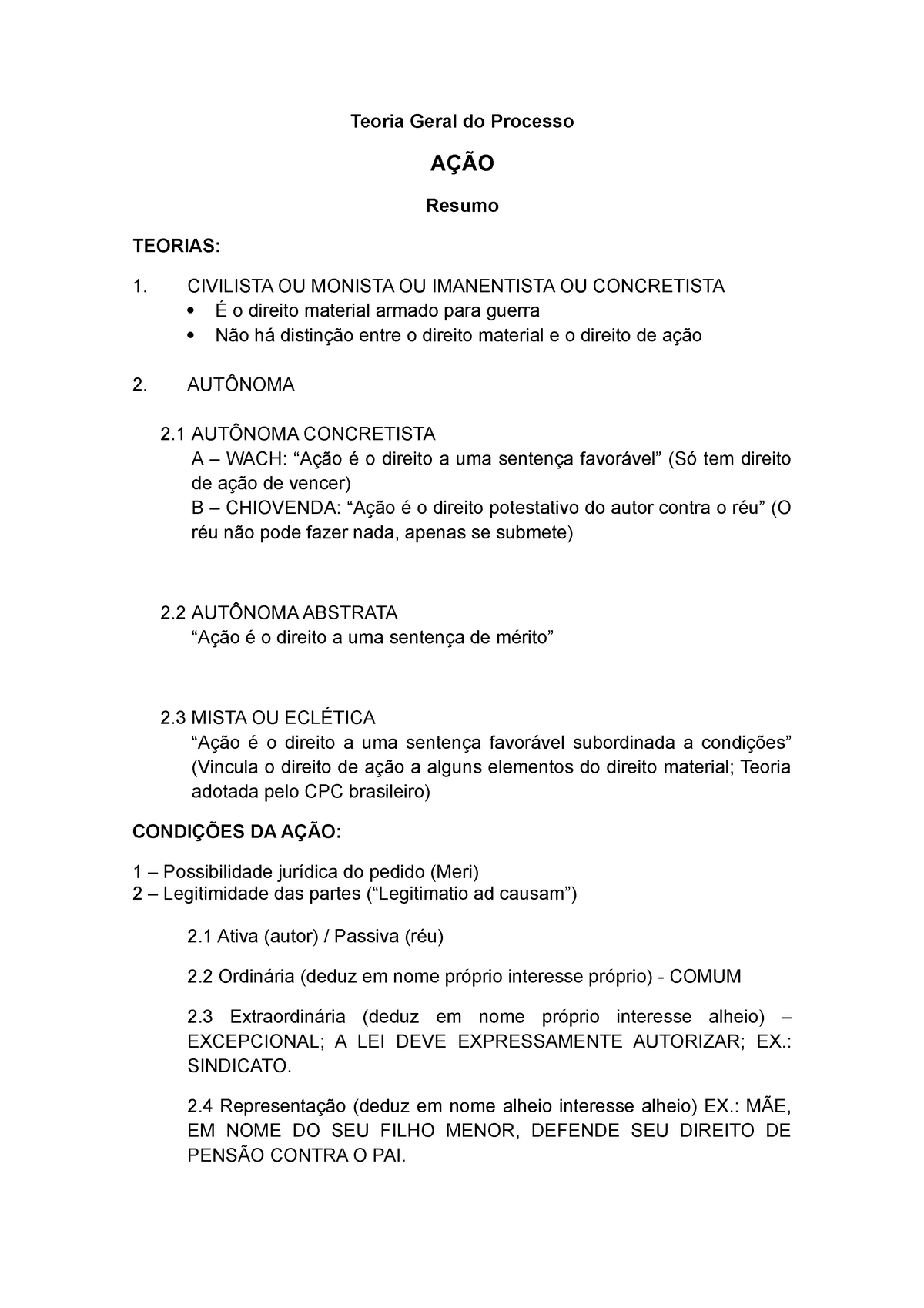 Teorias da Ação: Resumos de Processo Civil