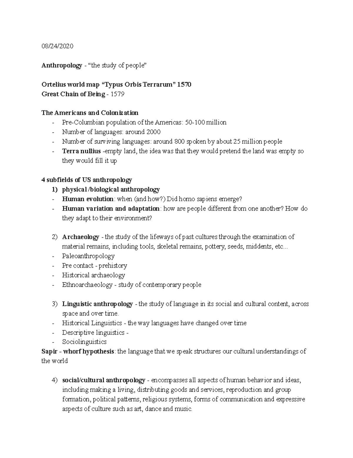 Anth 207 - Week 1 - 08/24/ Anthropology - “the study of people ...