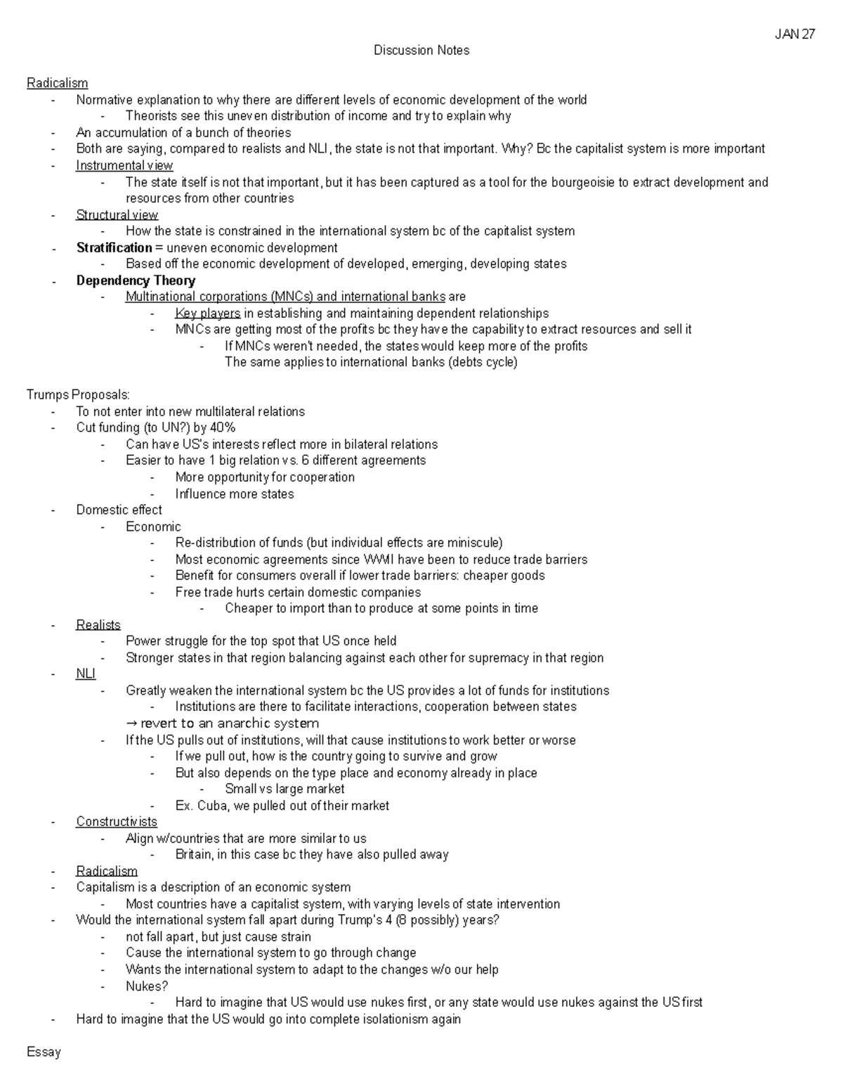 Discussion Notes 1/27 - JAN 27 Discussion Notes Radicalism - Normative ...