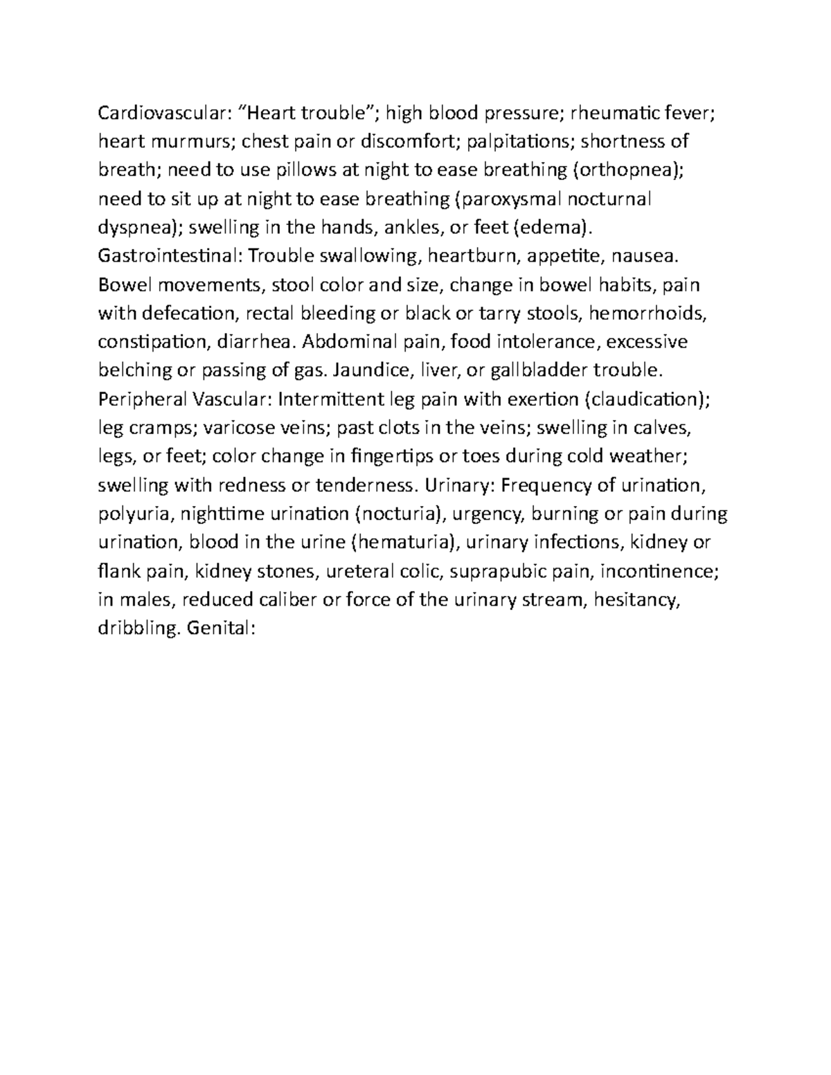 Cardiovascular - notes - Cardiovascular: “Heart trouble”; high blood ...