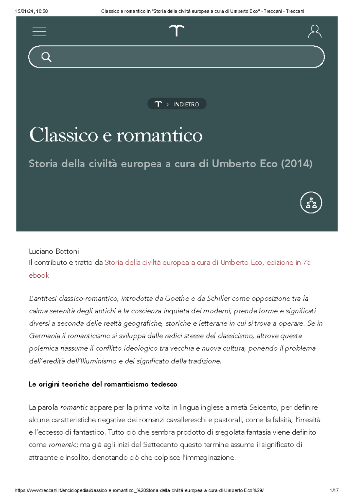 Classico e Romantico (in Storia della civiltà europea a cura di Umberto