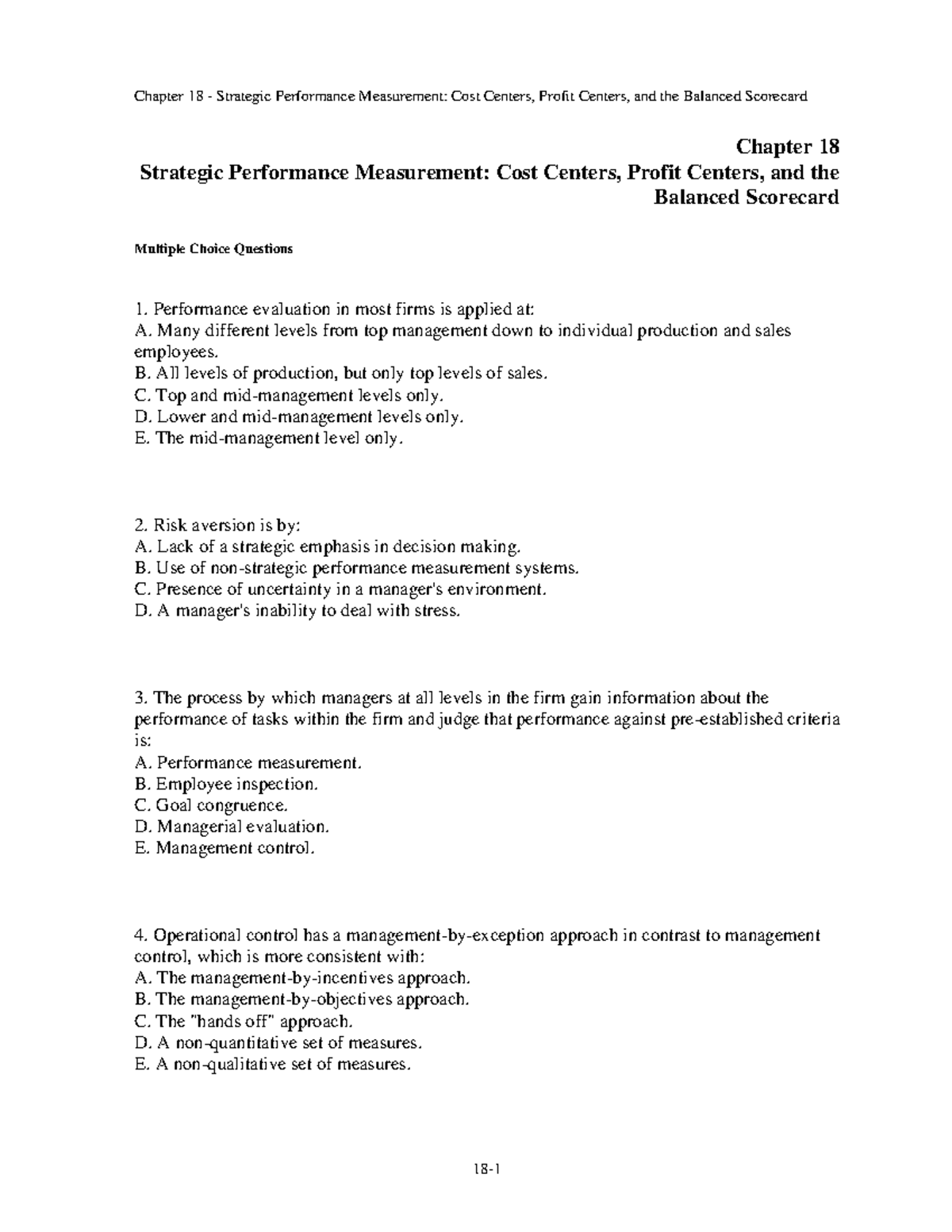 Chap018 - Test Bank - Chapter 18 Strategic Performance Measurement ...