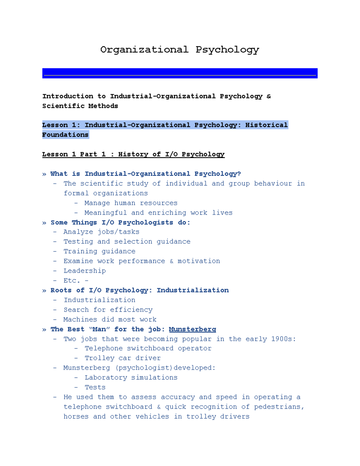 I O Lecture Notes - Organizational Psychology Introduction to ...