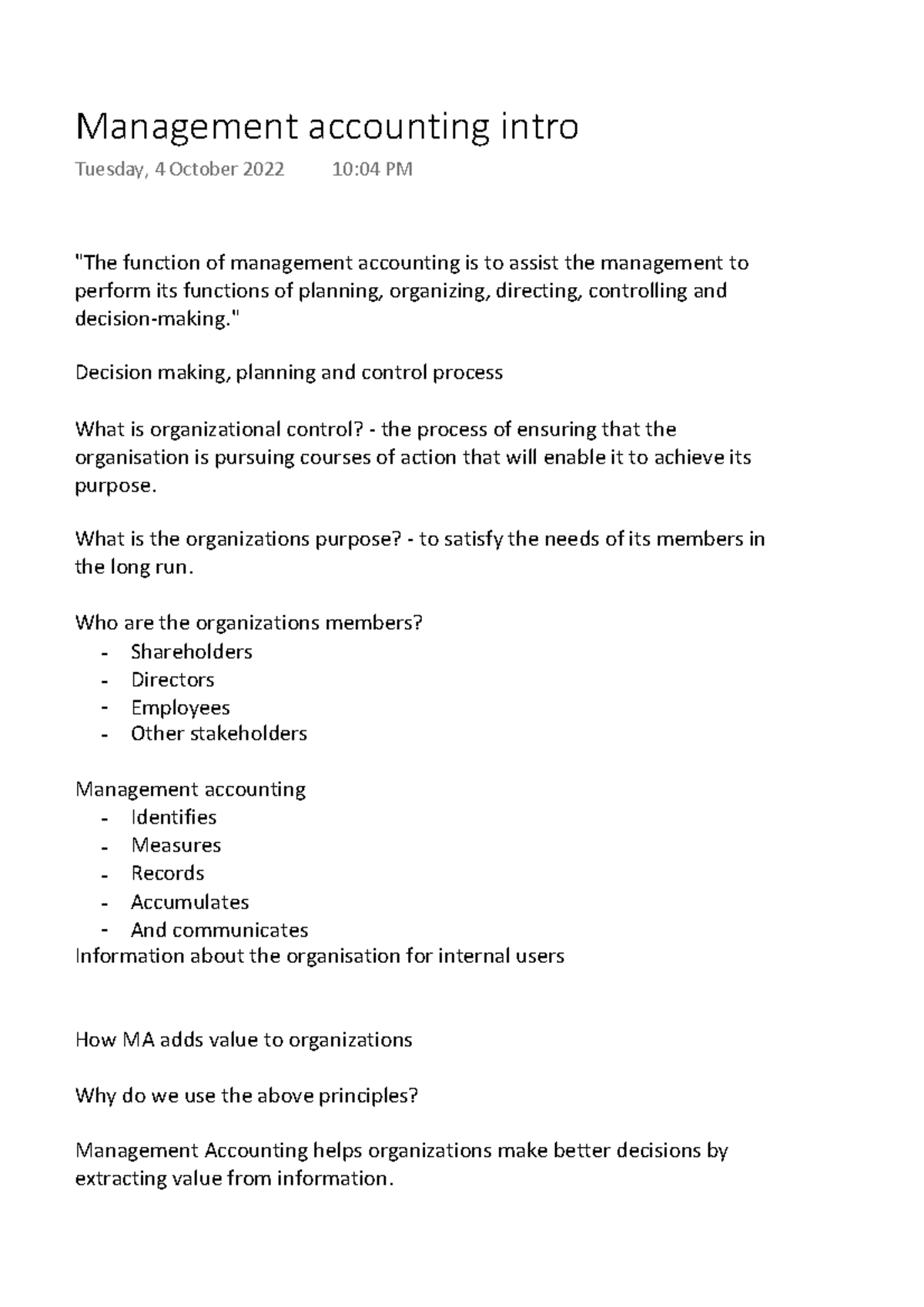 Management Accounting Intro - "The Function Of Management Accounting Is ...