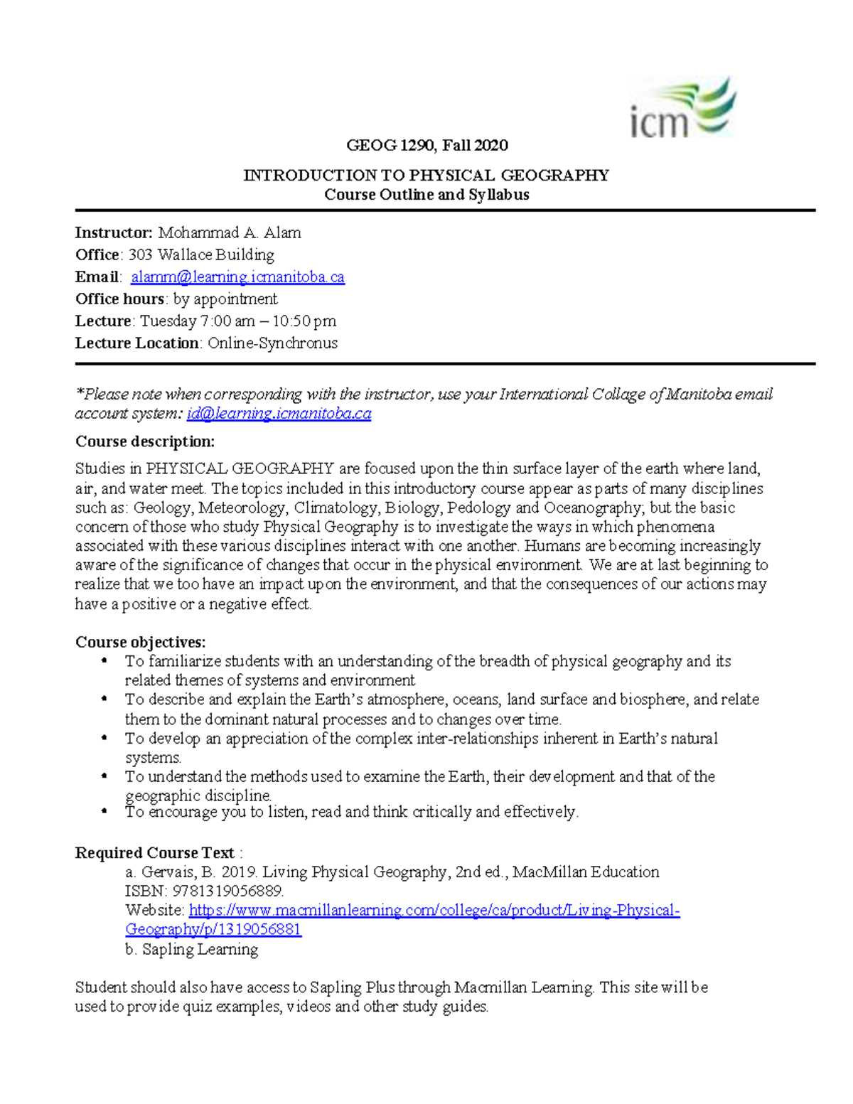 Course outline Tuesday GEOG 1290, Fall 2020 INTRODUCTION TO