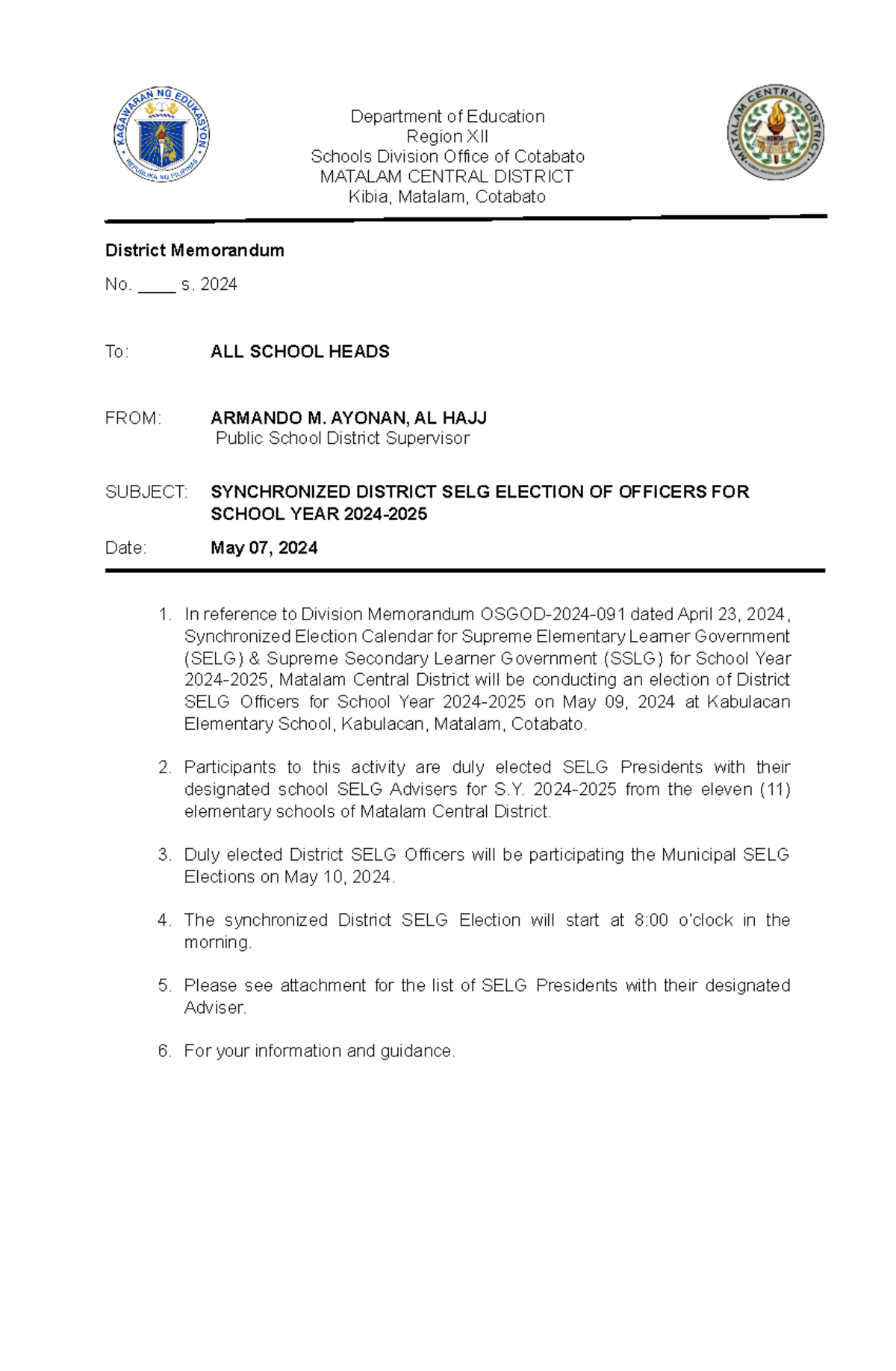 SELG District Memo - MEMORANDUM - Department of Education Region XII ...