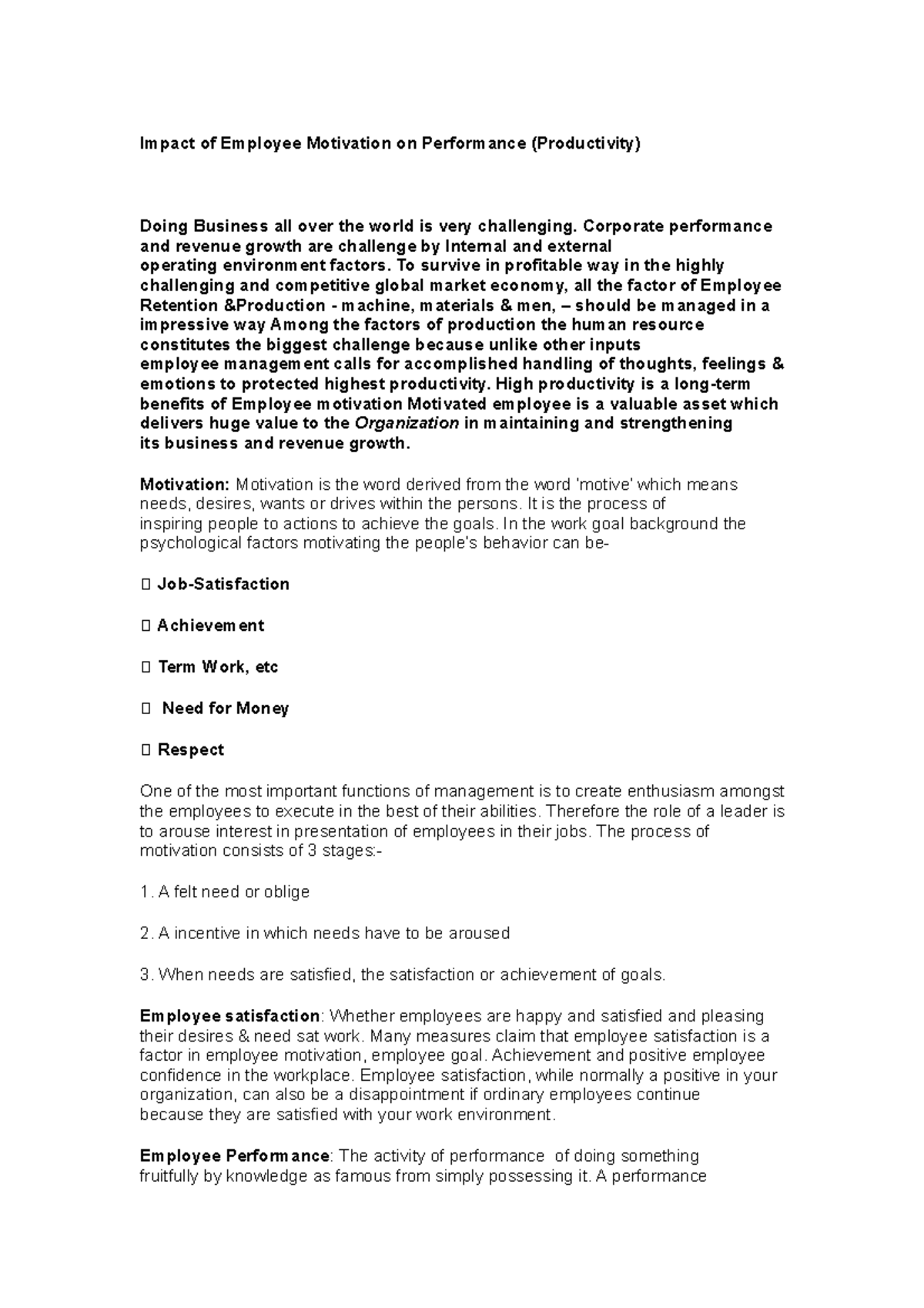 Impact of Employee Motivation on Performance - Corporate performance ...
