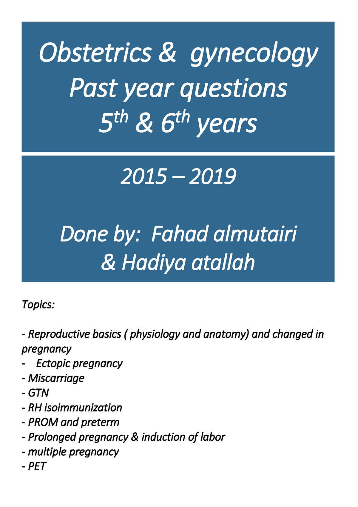 OBS & GYN PYQ 2020 - Past Year Questions For Obstetrics And Gynecology ...