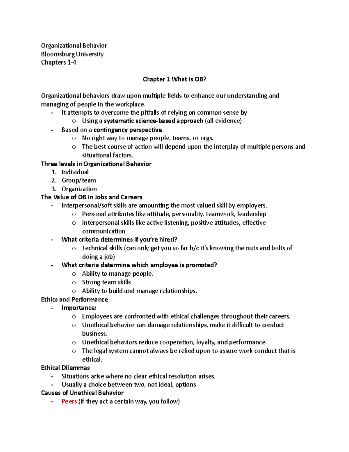 Organizational Behavior Notes Chapters 1-4 - Organizational Behavior ...