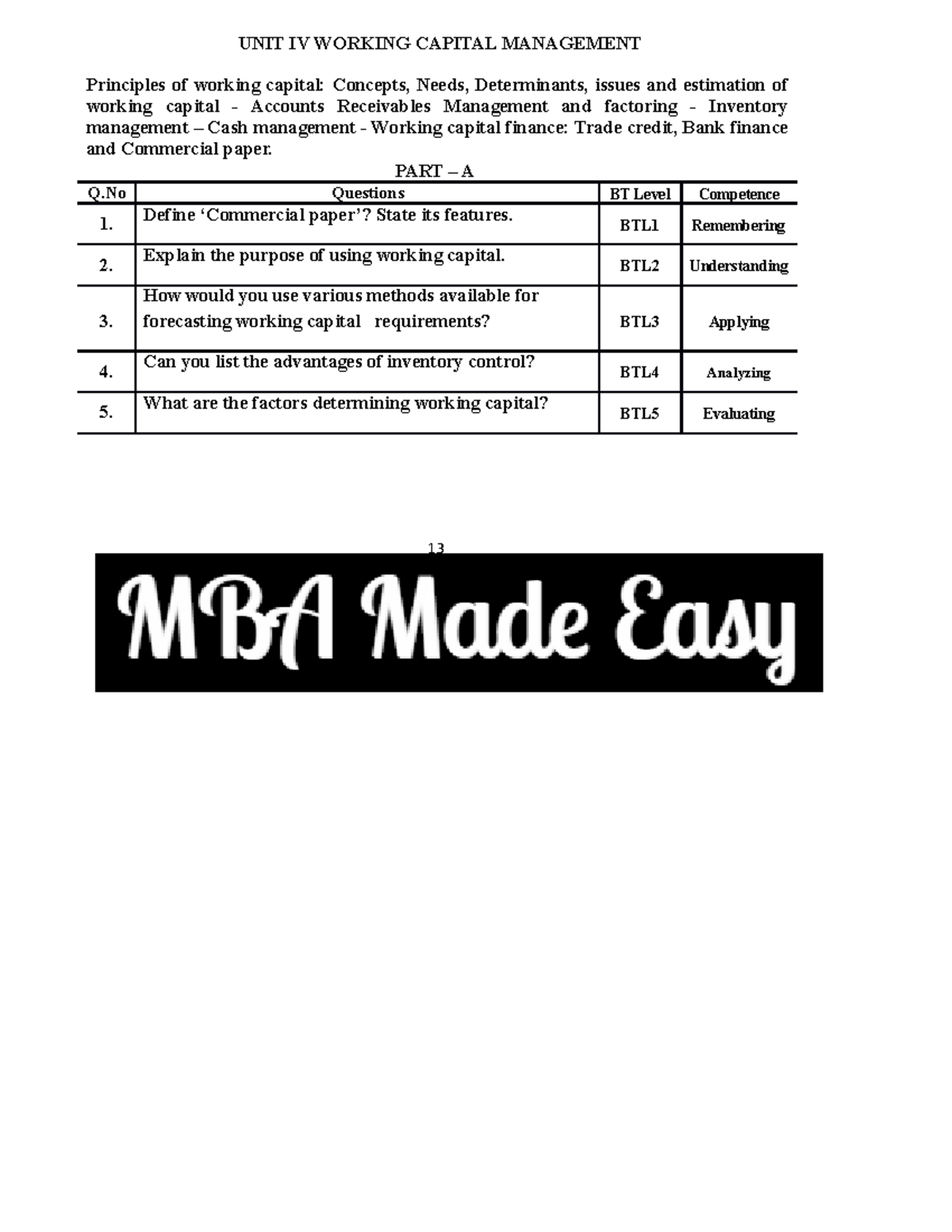 UNIT IV Working Capital Management - UNIT IV WORKING CAPITAL MANAGEMENT ...