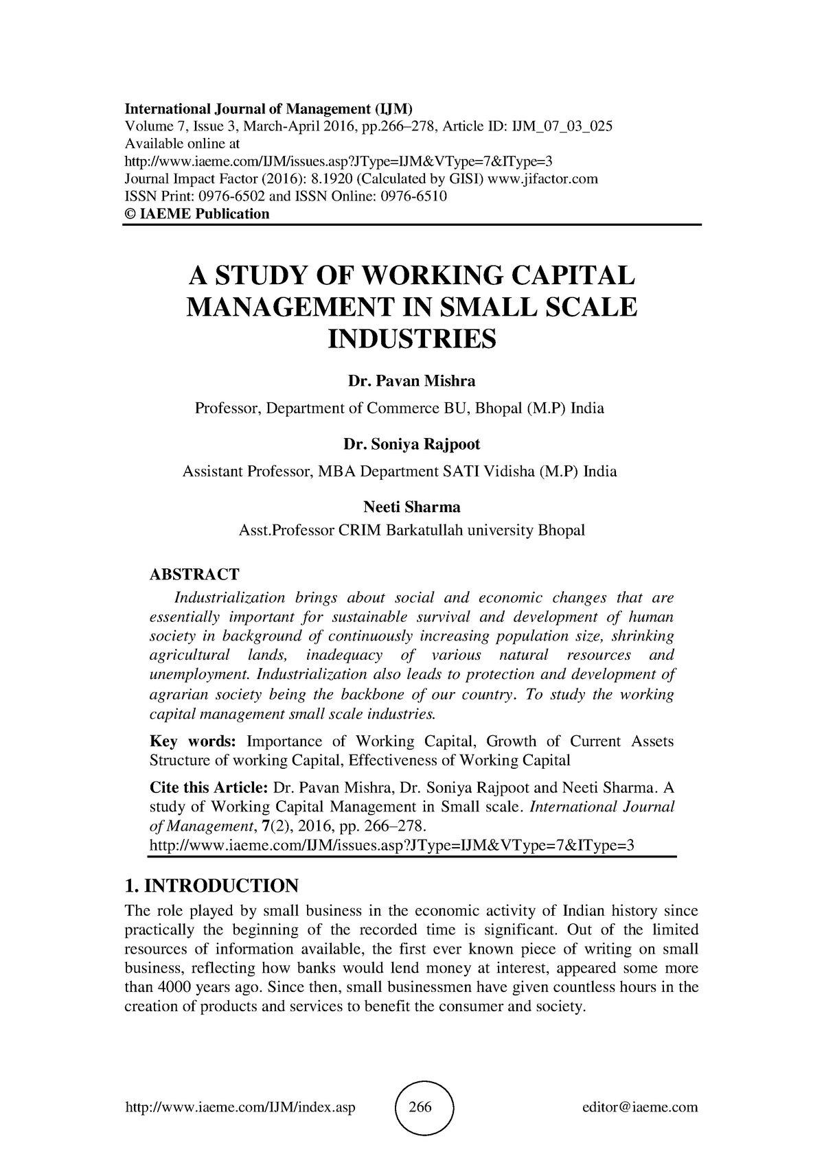 research paper on working capital management in small scale industries