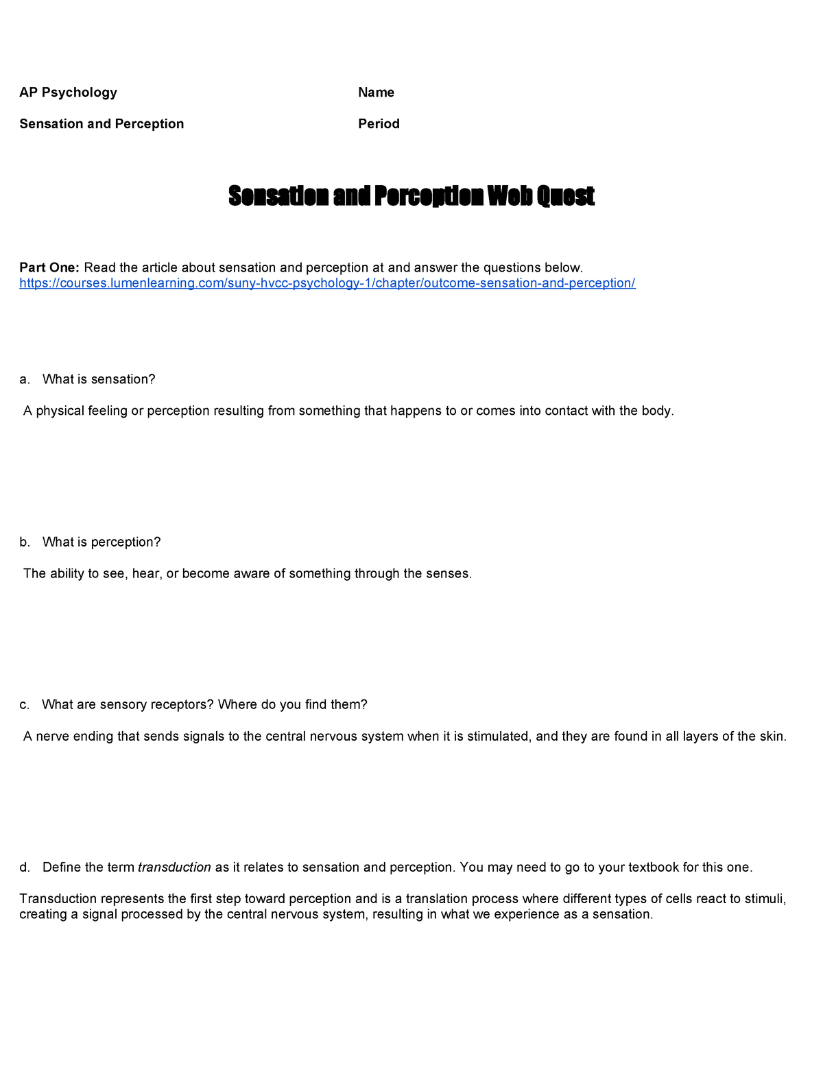 Sensation & Perception - Worksheet - AP Psychology Name Sensation and ...