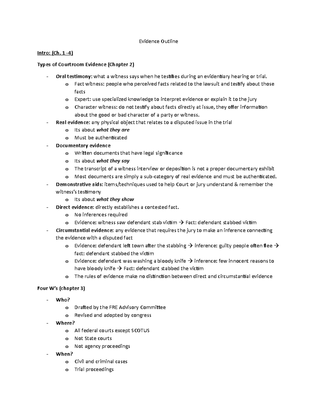 Evidence Outline - Evidence Outline Intro: (Ch. 1 -4) Types Of ...