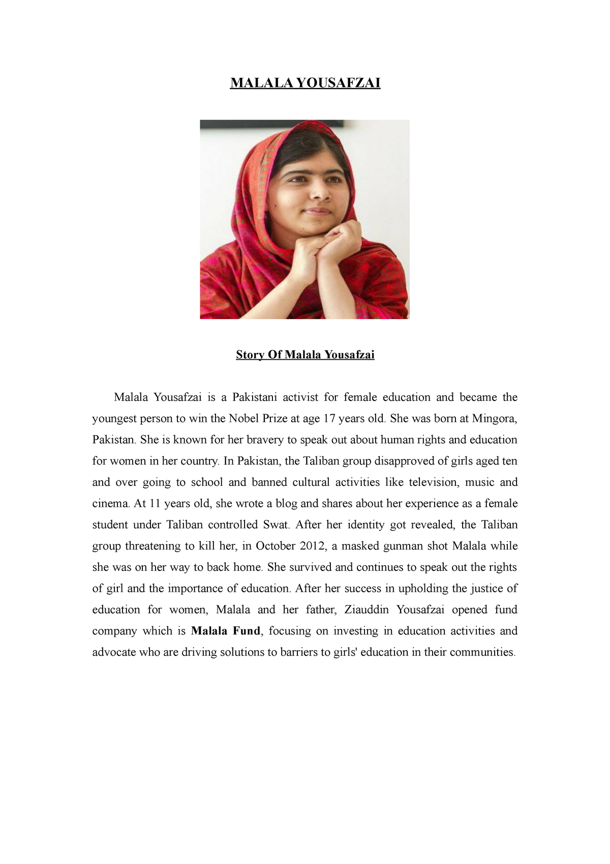 essay about malala yousafzai in english