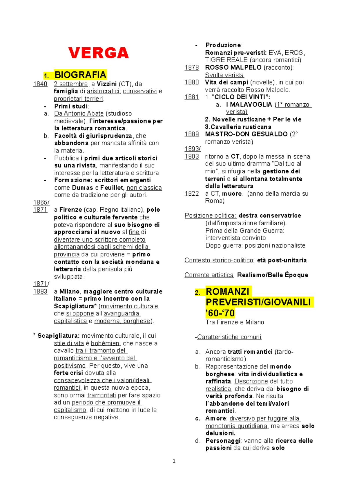 Verga - Vita, opere e pensiero - VERGA 1. BIOGRAFIA 1840 2 settembre, a ...