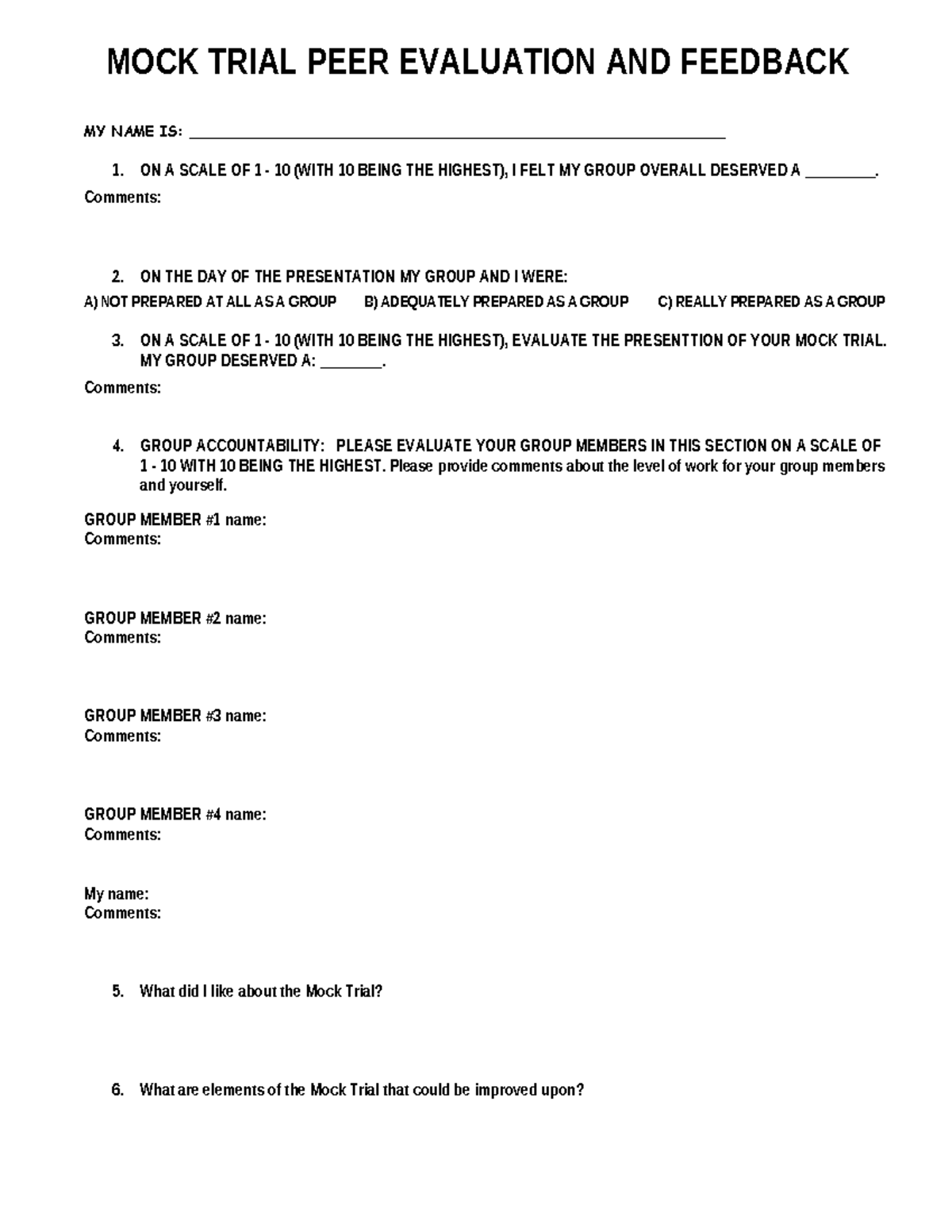 Mock trial assessment 1 - MOCK TRIAL PEER EVALUATION AND FEEDBACK MY ...
