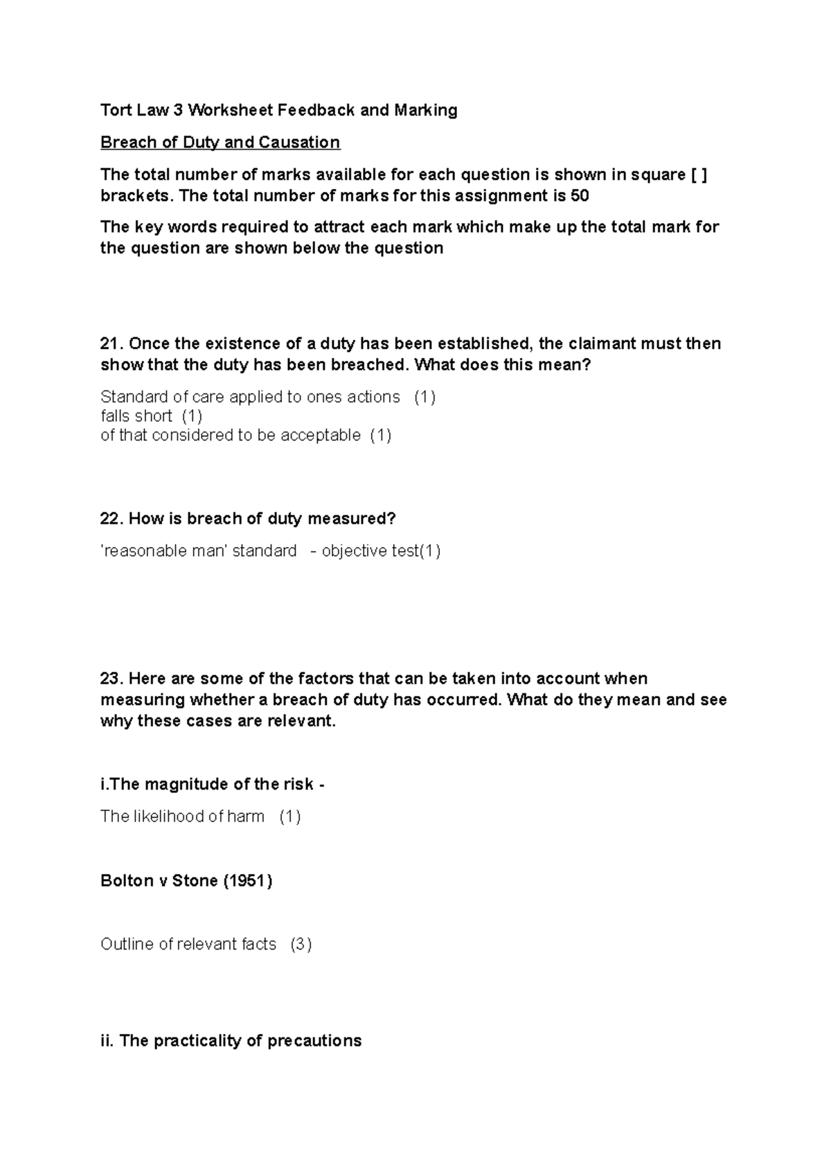 Tort Law Worksheet 3 Answers - Tort Law 3 Worksheet Feedback And ...