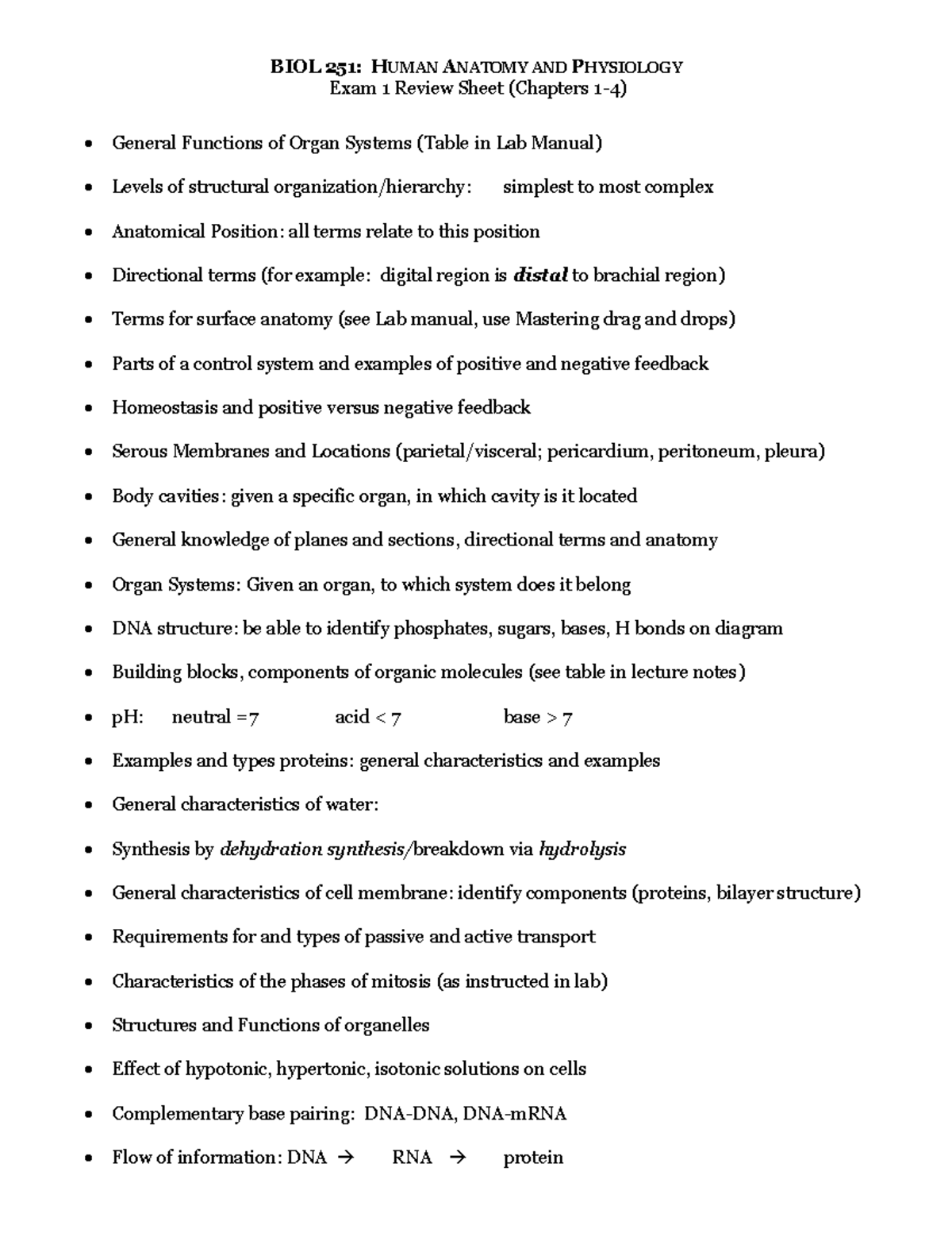 Exam1 Fall Chapters 1 4 - Final m Notes - BIOL 251: HUMAN ANATOMY AND ...