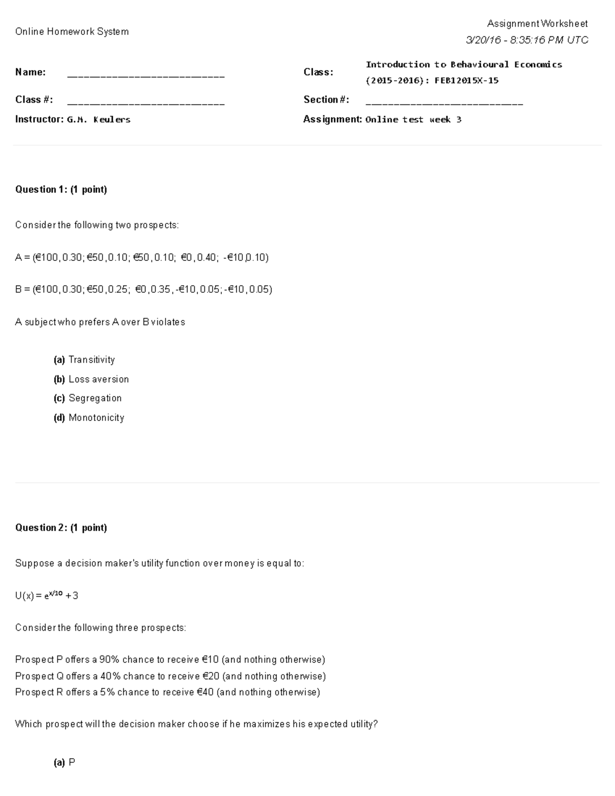 Test 1 t/m 3 (week 3) - Introduction to Behavioural Economics - Online ...