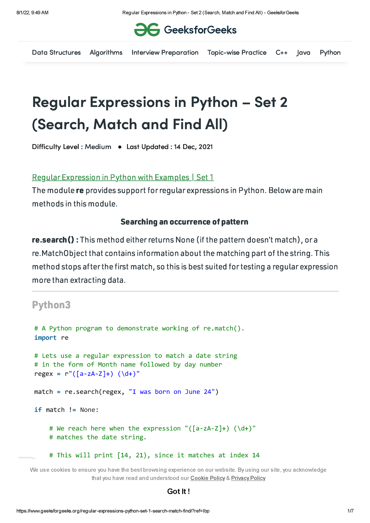 Regular Expressions In Python - Set 2 (Search, Match And Find All ...