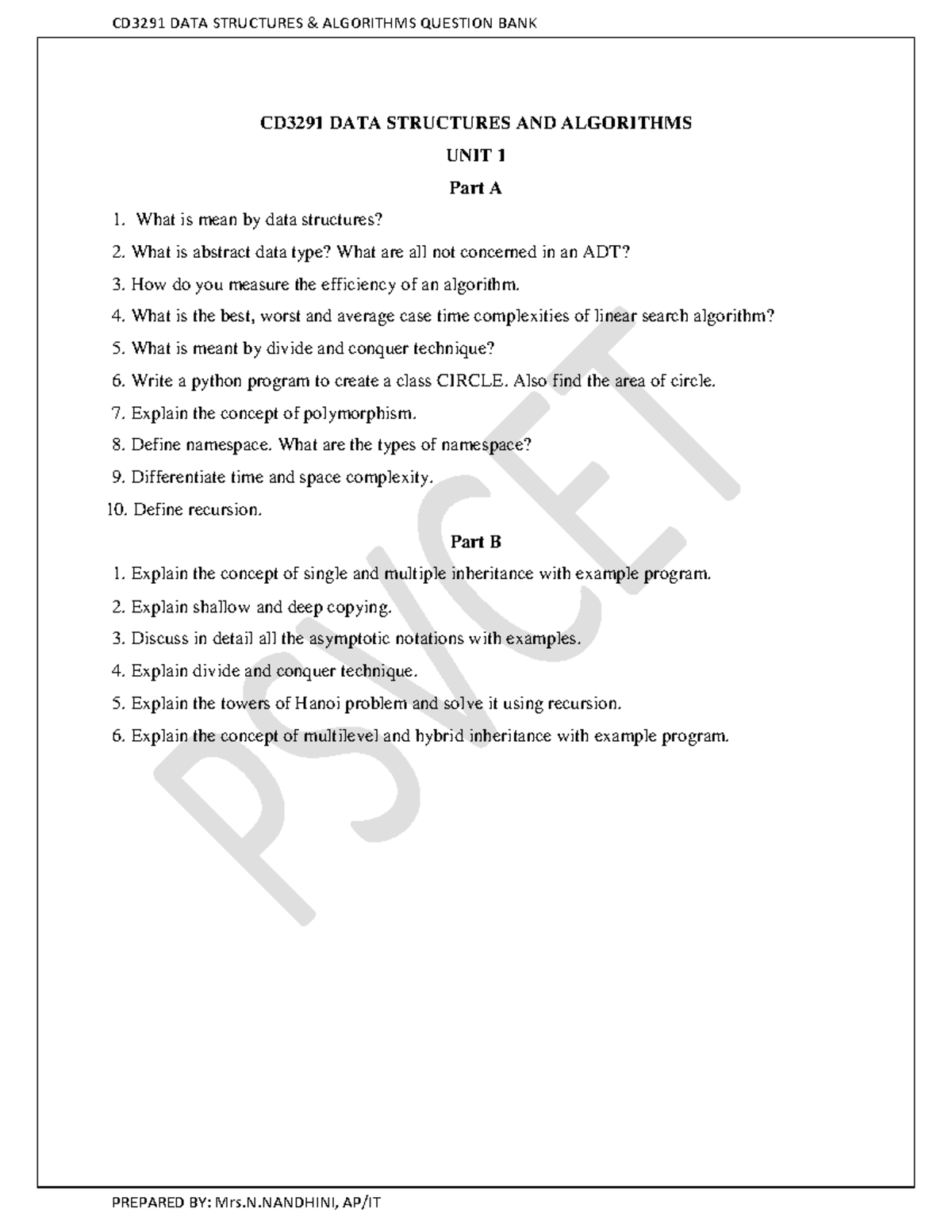 DSA QB - data structure question paper and notes - CD3291 DATA ...