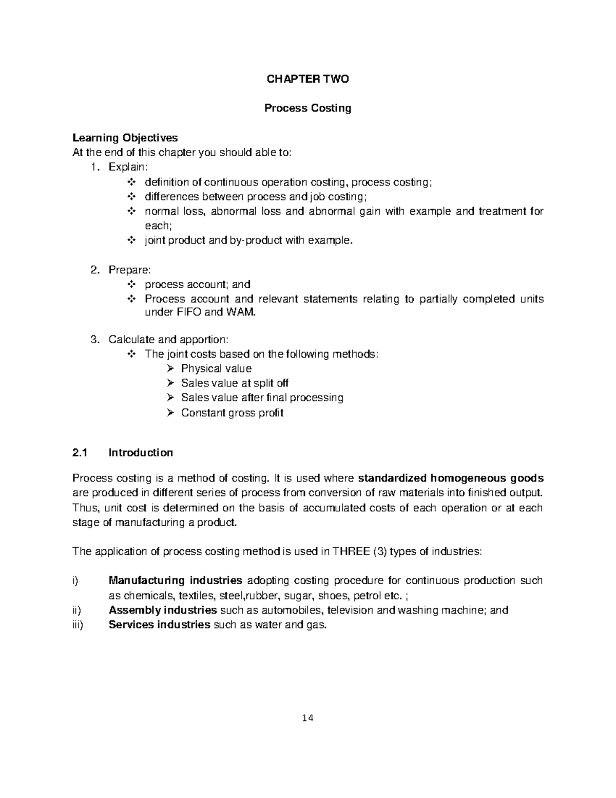 Chapter 2 Process Costing - CHAPTER TWO Process Costing Learning ...