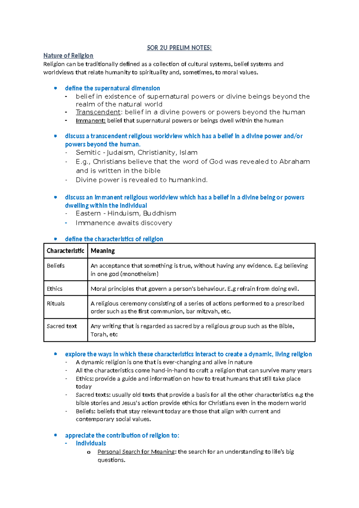 SOR 2U Prelim Notes - SOR 2U PRELIM NOTES! Nature of Religion Religion ...