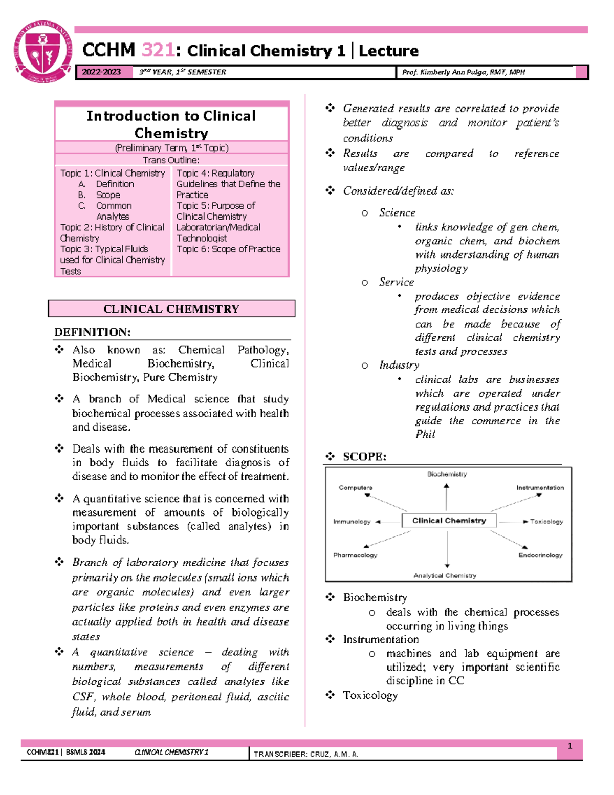 Clinical Chemistry Lecture 1 - CCHM321 | BSMLS 2024 CLINICAL CHEMISTRY ...