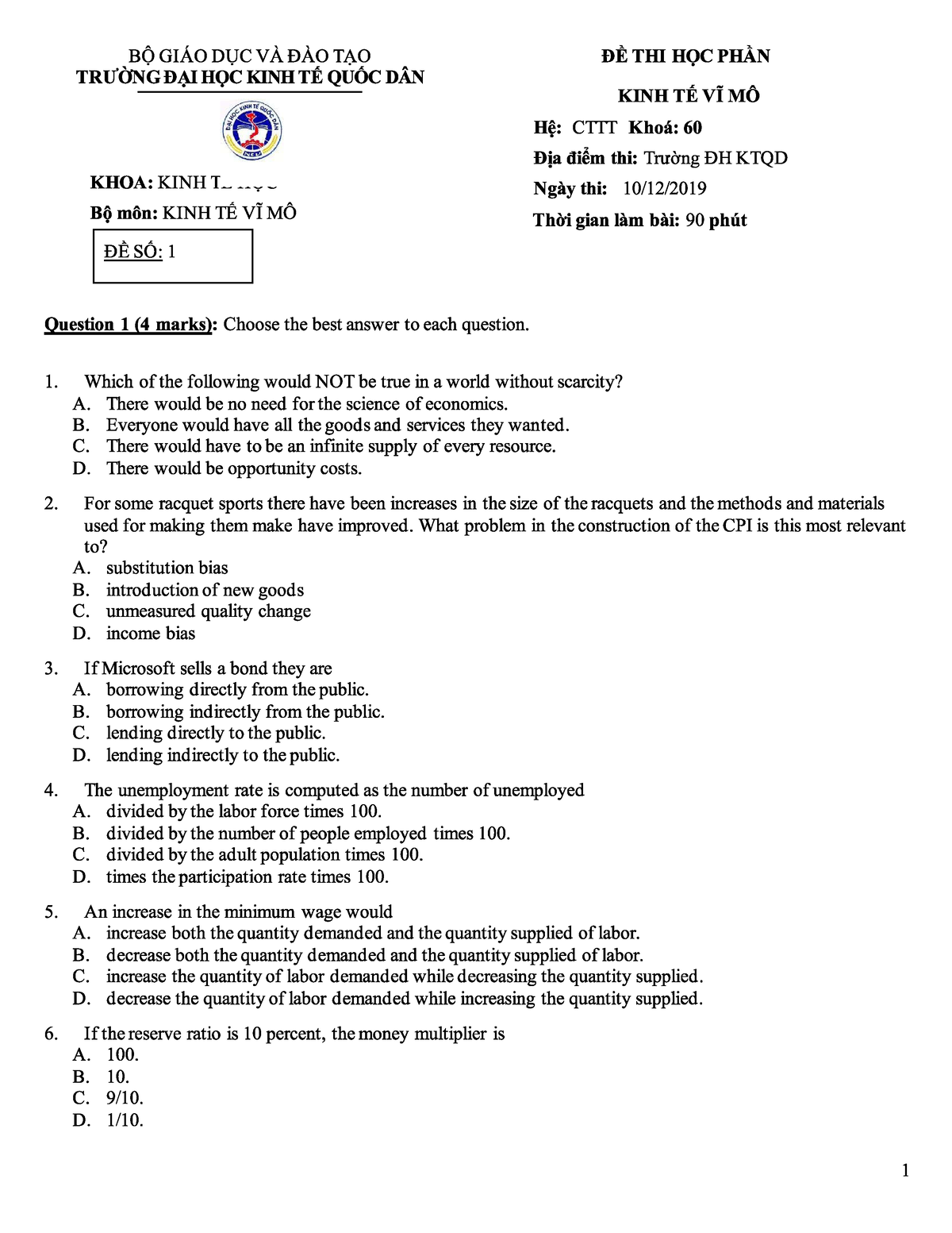 Mock Final Exam - Macroeconomics 1 - Studocu