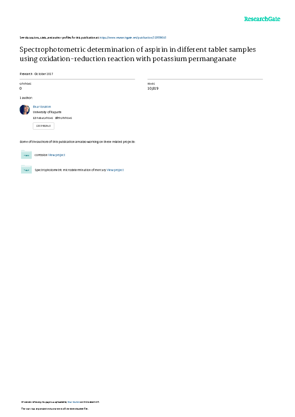 Spectrophotometric Analysis of Aspirin using spectroscopic techniques