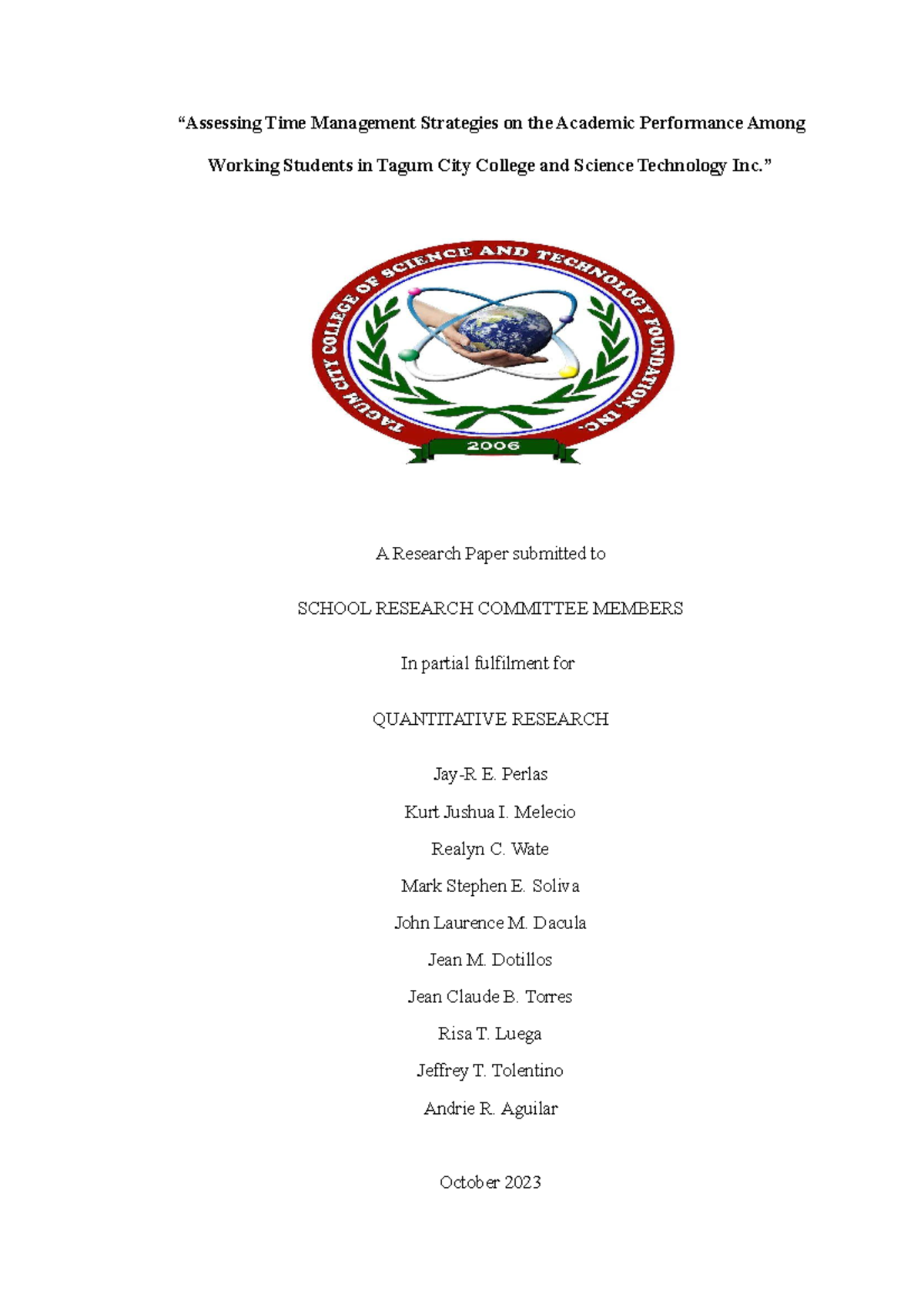 Group-3- Research - THIS IS MY RESEACH - “Assessing Time Management ...
