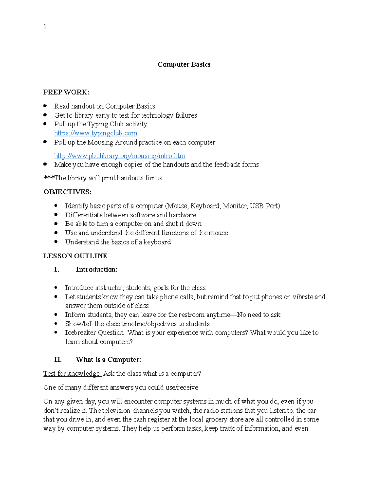 Computer Basics Lesson Plan One - Computer Basics PREP WORK: Read ...
