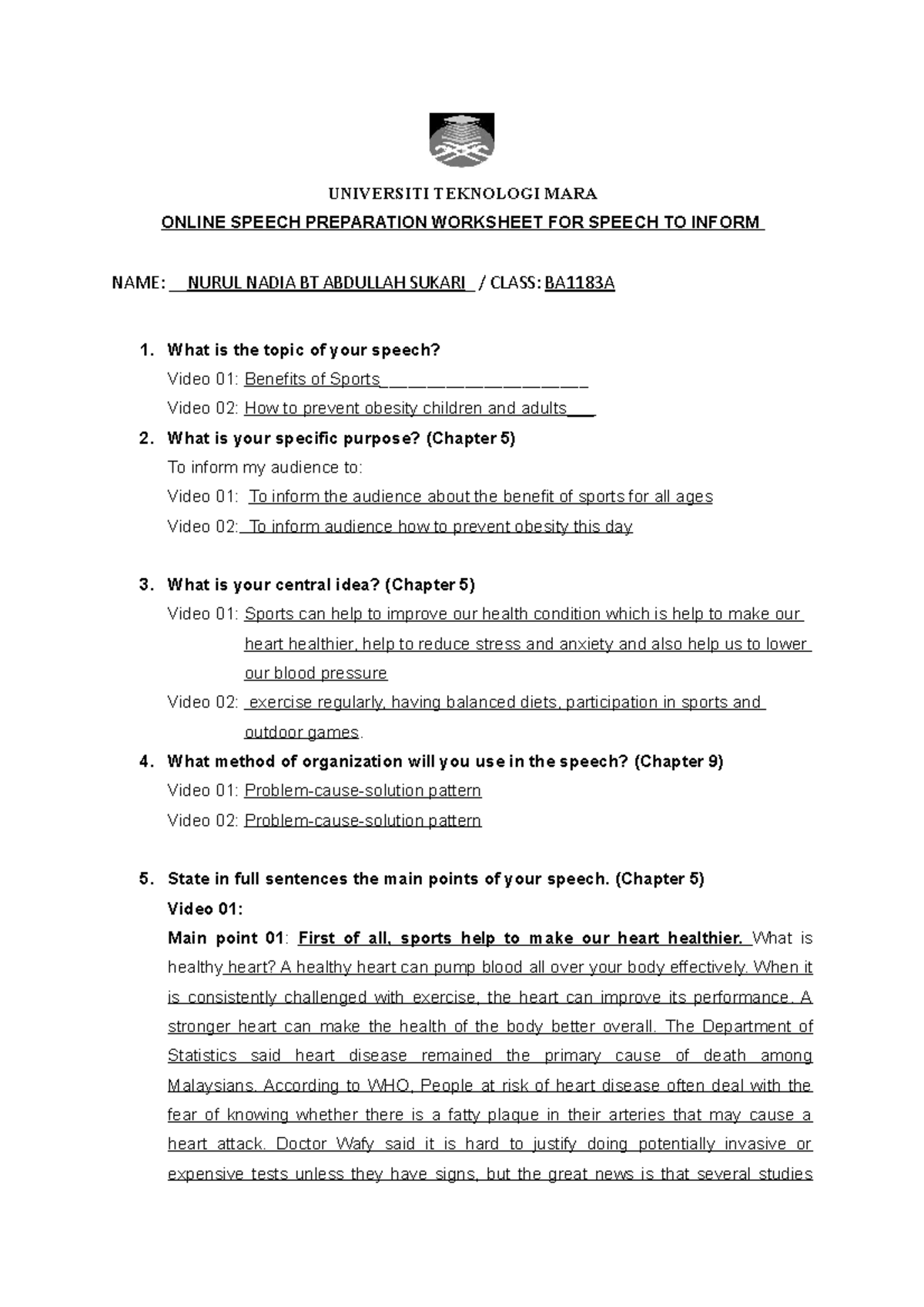 Speech TO Inform Worksheet - UNIVERSITI TEKNOLOGI MARA ONLINE SPEECH ...