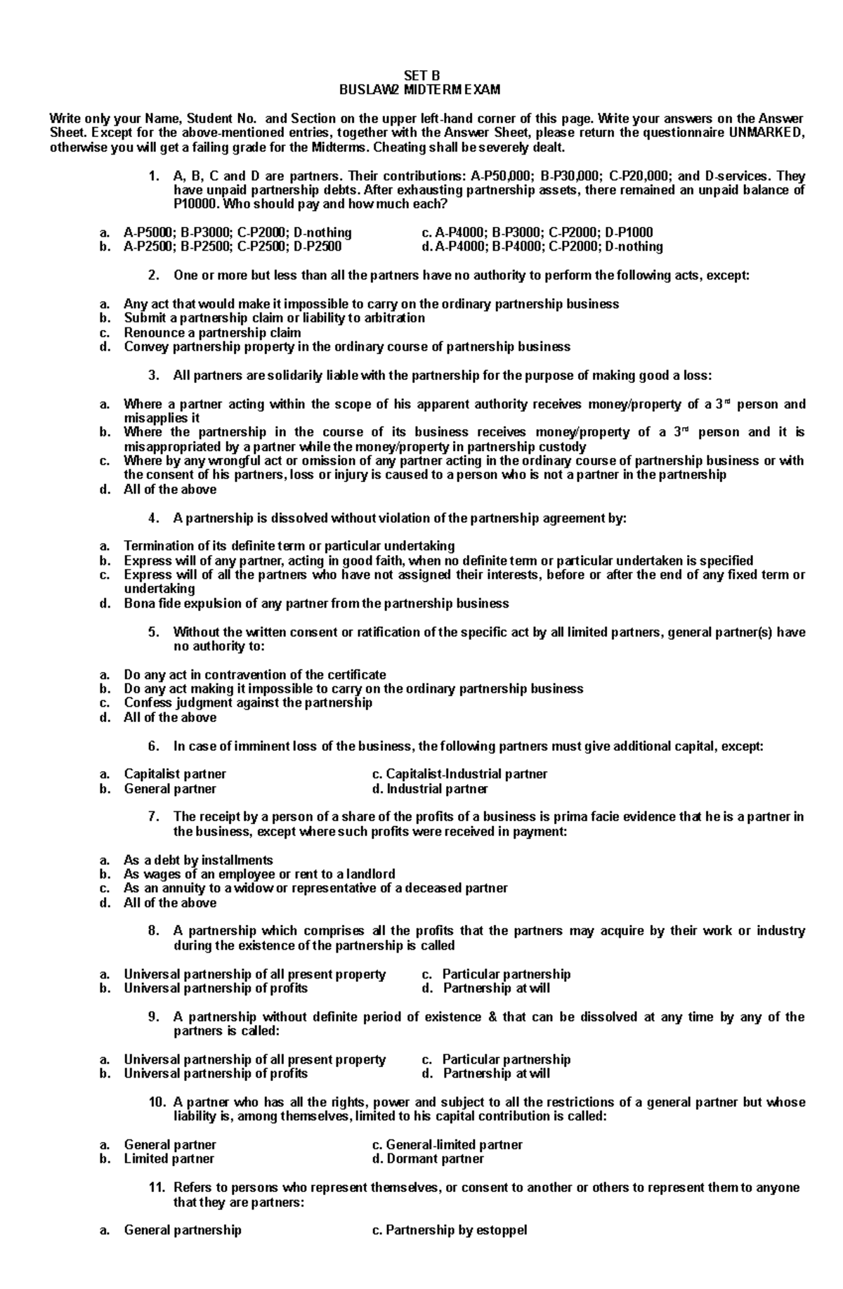 313991469 Buslaw 2 Midterm Exam - SET B BUSLAW2 MIDTERM EXAM Write Only ...