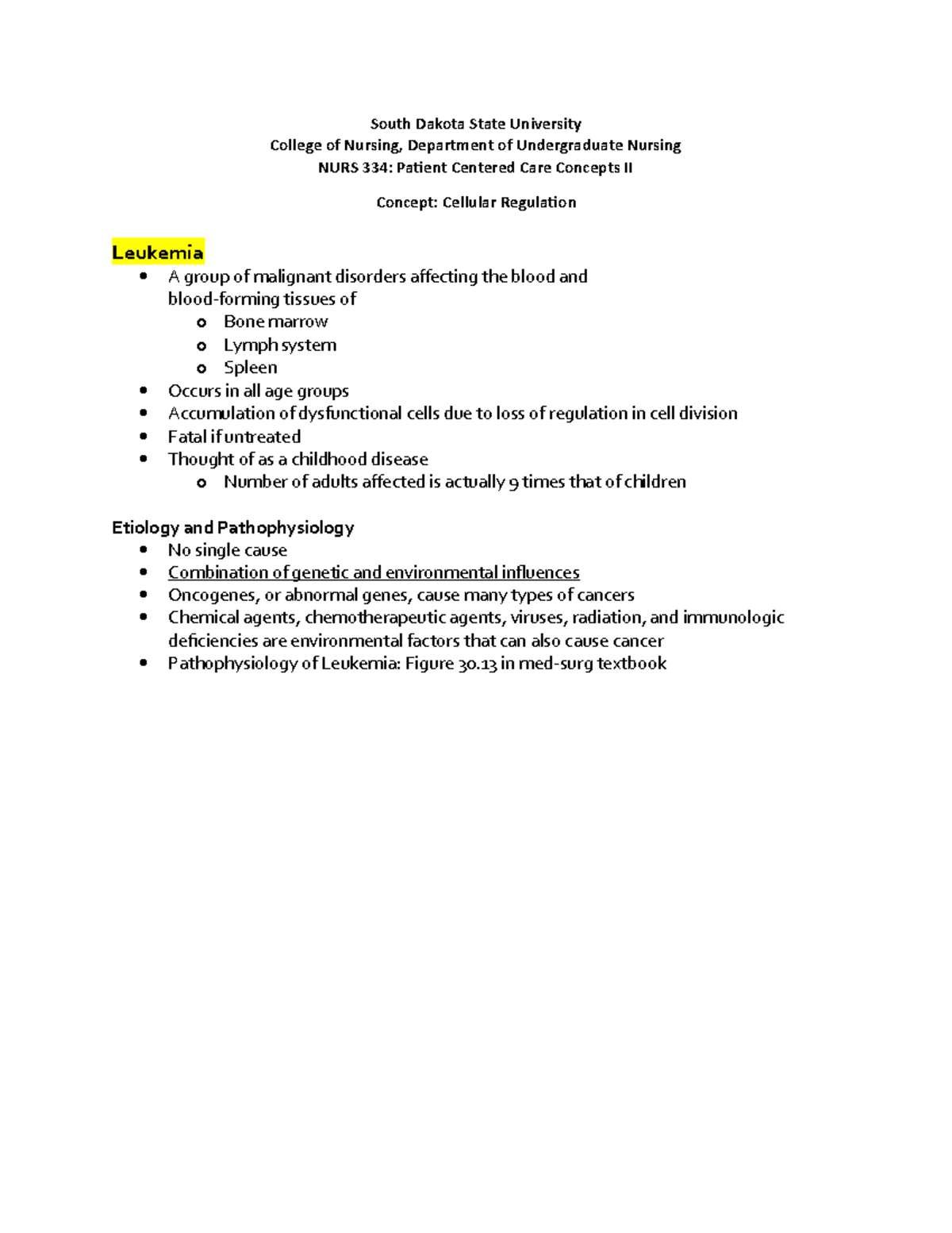 Leukemia outline - South Dakota State University College of Nursing ...