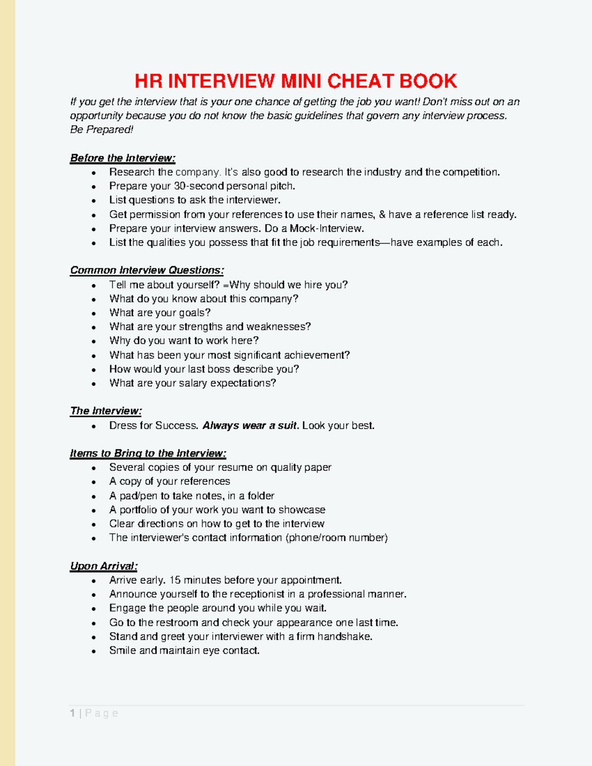 HR Interview Mini Cheat Book - 1 | P a g e HR INTERVIEW MINI CHEAT BOOK ...
