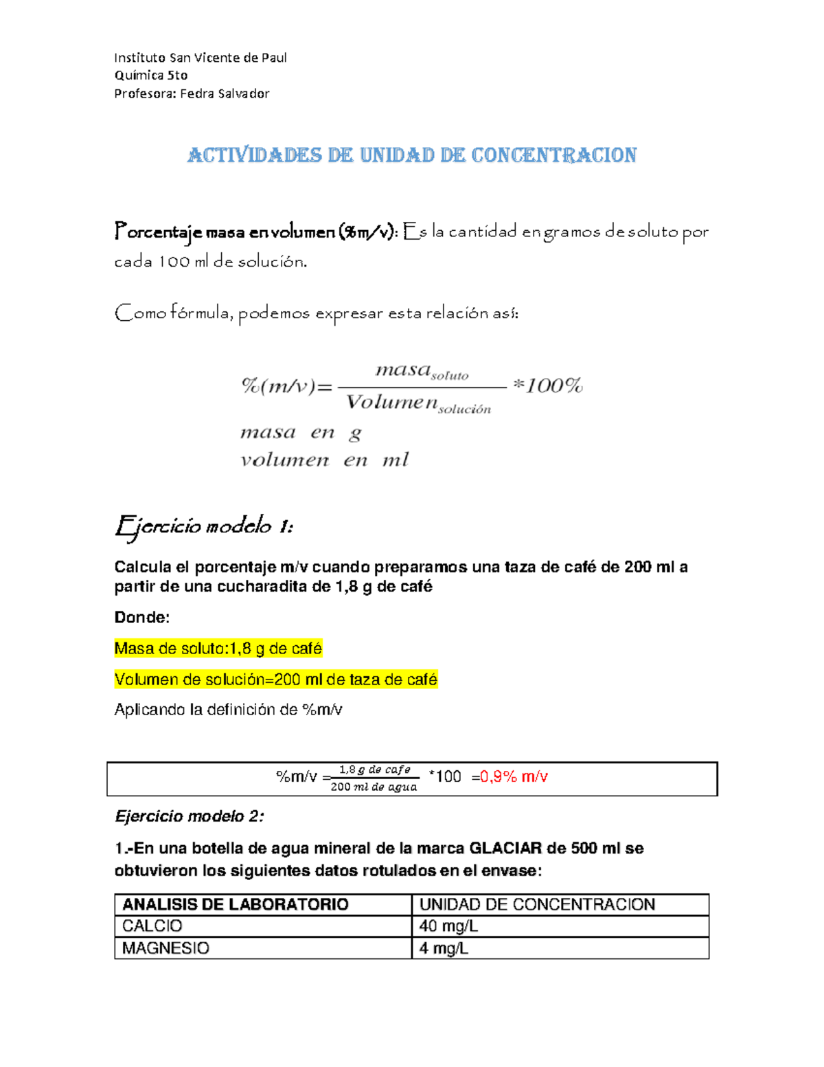 Actividades De Unidad De Concentracion 2 Instituto San Vicente De Paul QuÌmica 5to Profesora