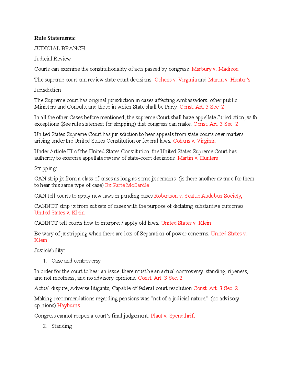 Outline - Rule Statements: JUDICIAL BRANCH: Judicial Review: Courts can ...