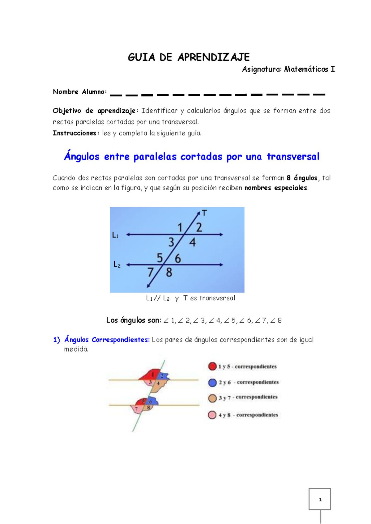 Angulos Entre Rectas Paralelas Y UNA Transversal - T L 1 L 2 GUIA DE ...