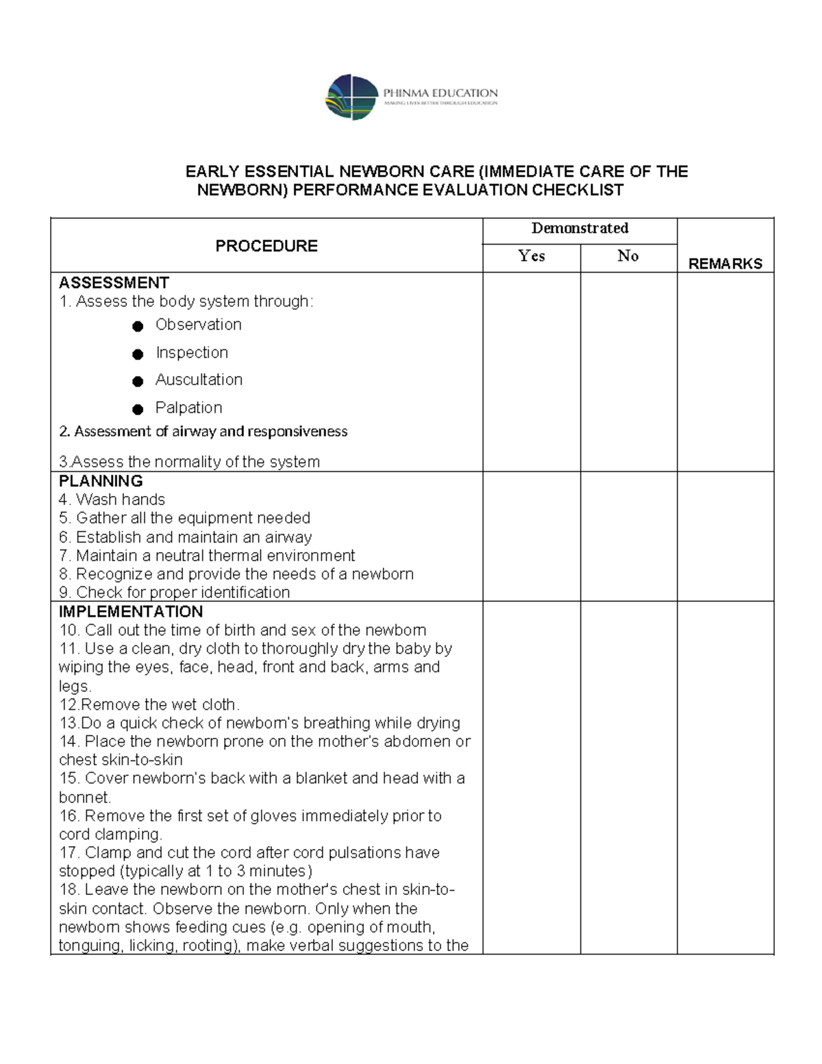 Early Essential Newborn CARE (EINC) Check edited 1 pagelist - EARLY ...