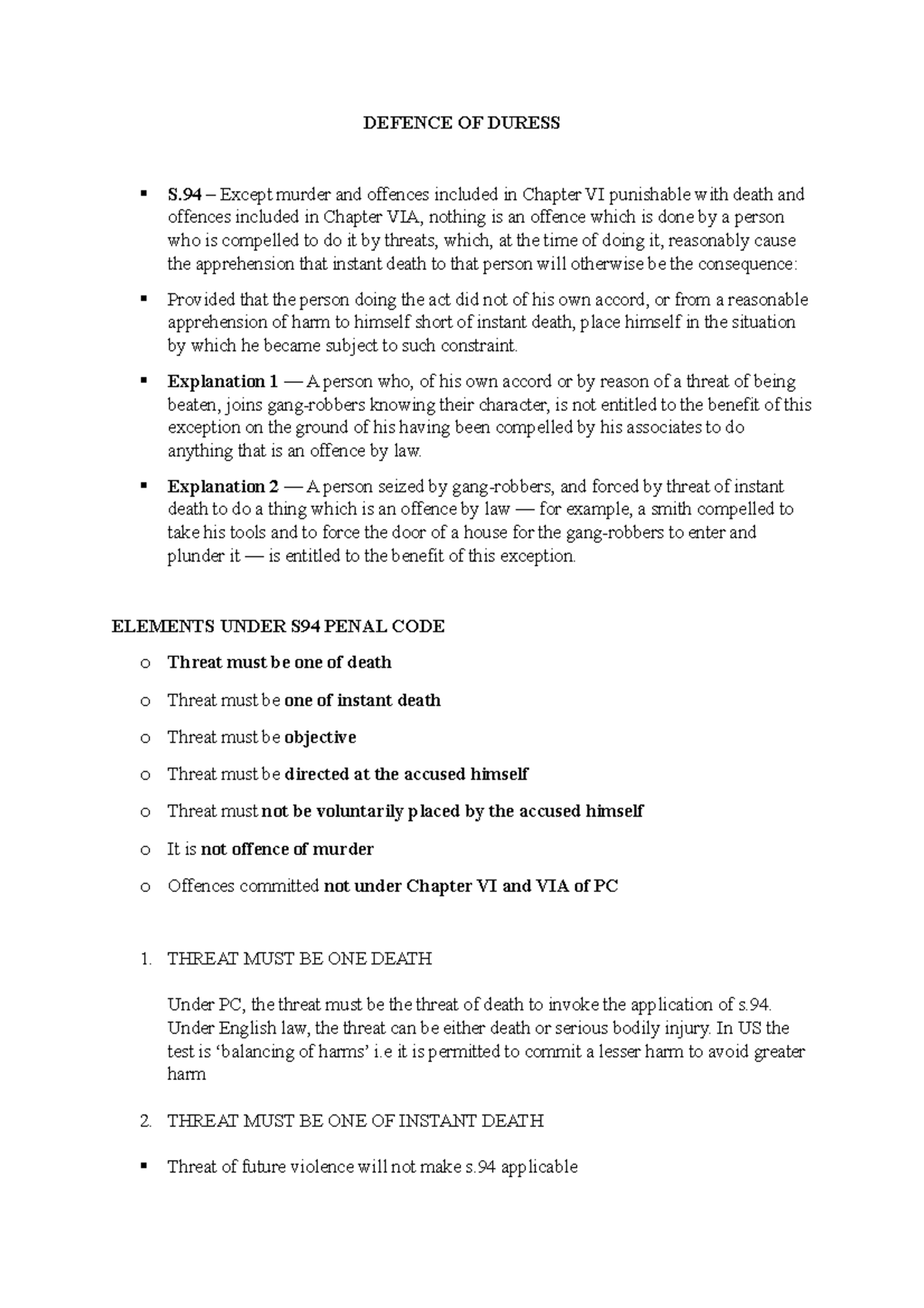 Defence OF Duress Notesssssssssss DEFENCE OF DURESS S Except murder