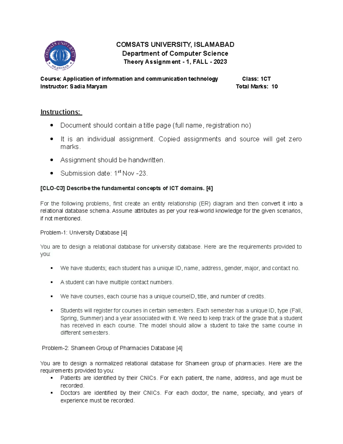 Theory Assignmnet -1Fall23 - COMSATS UNIVERSITY, ISLAMABAD Department ...