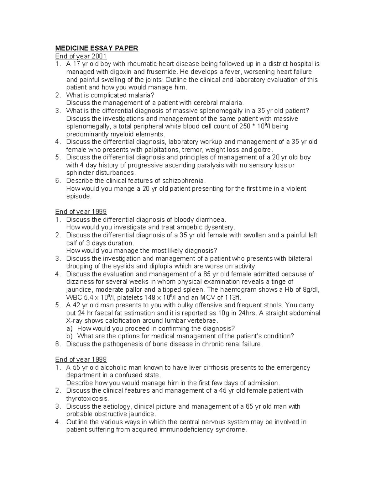 Med Essays-6 - MEDICINE ESSAY PAPER End of year 2001 A 17 yr old boy ...