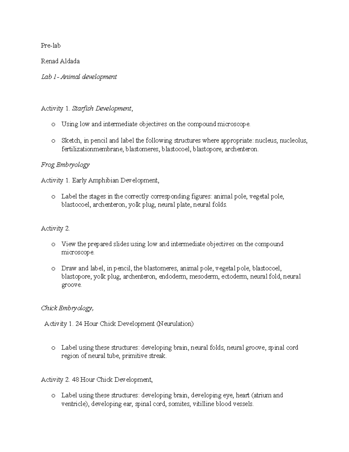 Pre lab 1 - pre-labs - Pre-lab Renad Aldada Lab 1- Animal development ...