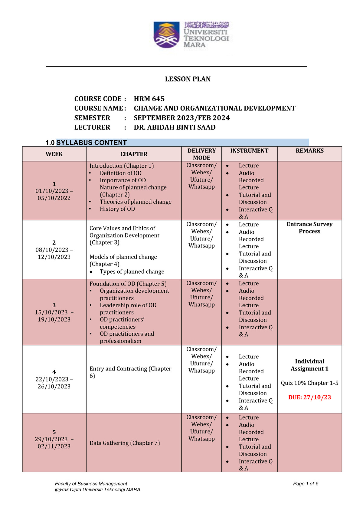 Lesson Plan HRM645 SEPT2023-FEB2024 New Structure - Faculty Of Business ...